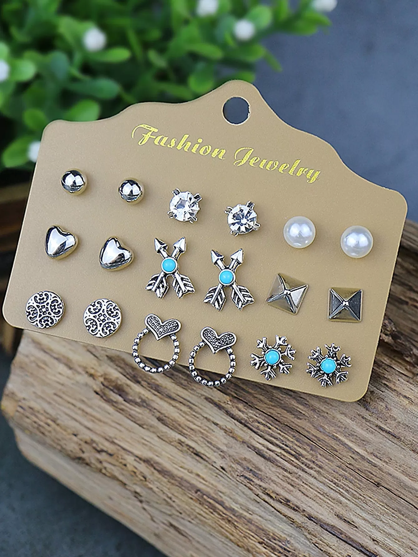 12pairs/set Heart & Flower Decor Stud Earrings