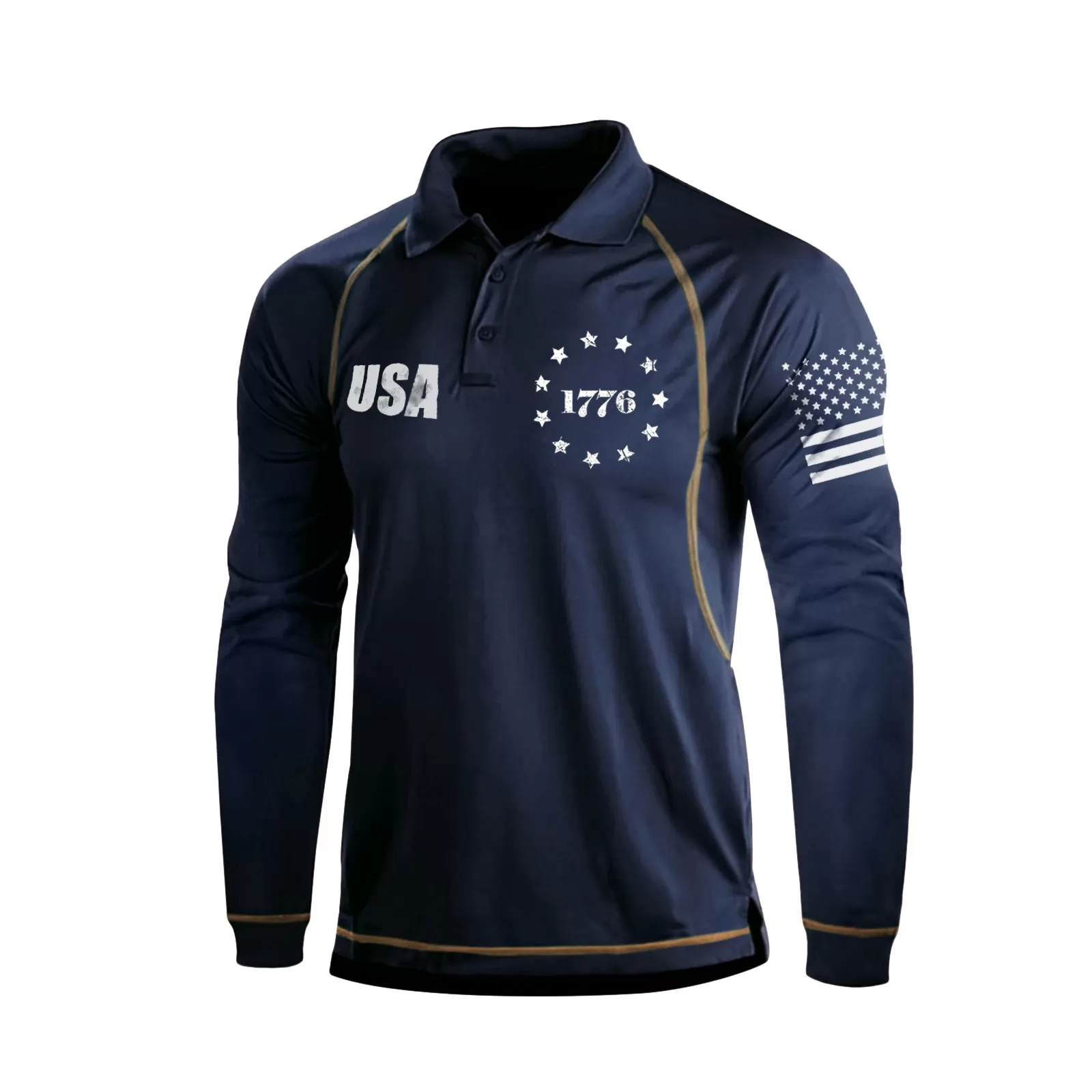 1776 USA FLAG RAGLAN GRAPHIC LONG SLEEVE POLO SHIRT