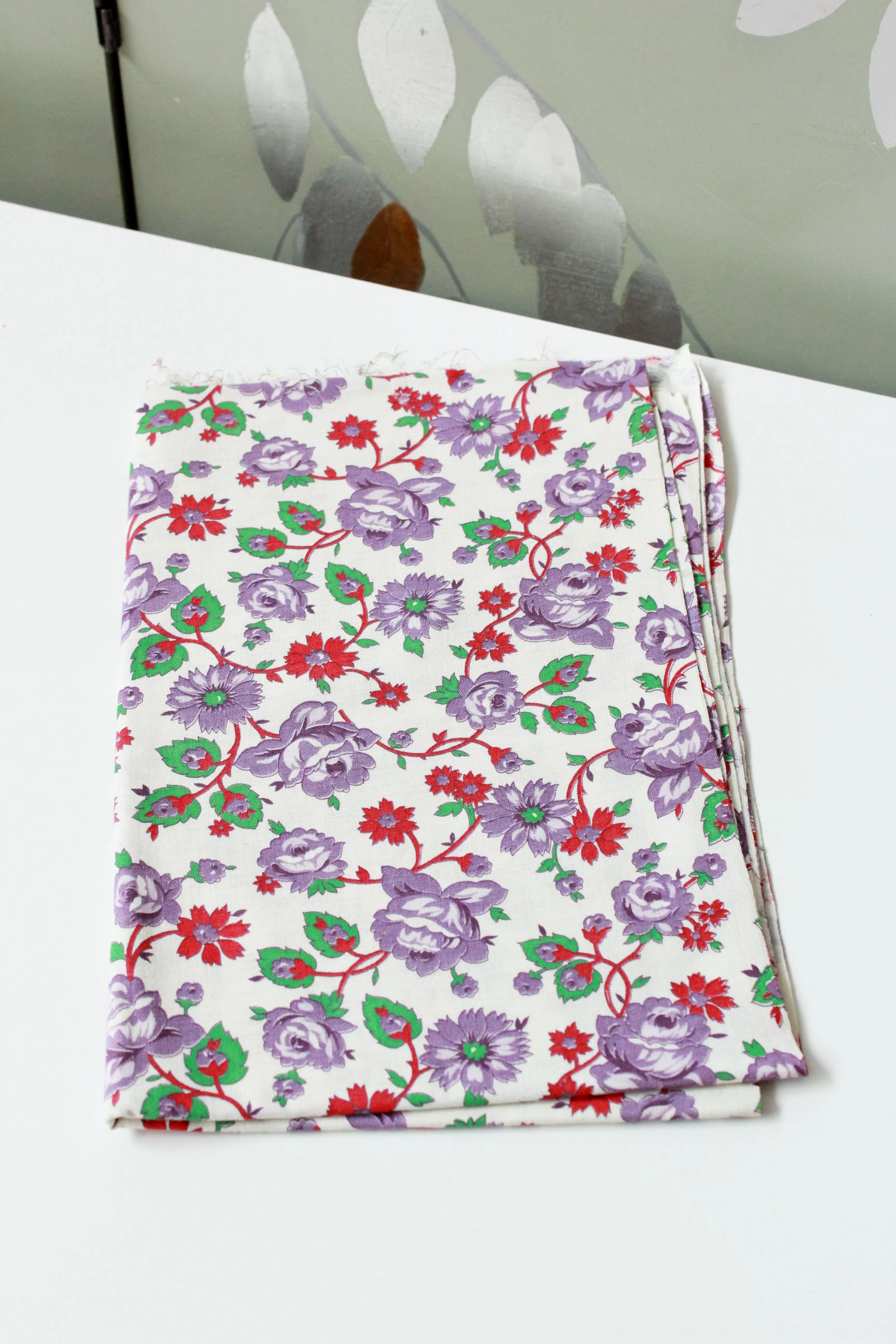 1940s Purple Flower Feedsack, Purple/Pink/Green Vintage Summer Fabric, 1940s Sewing/Quilting Fabric