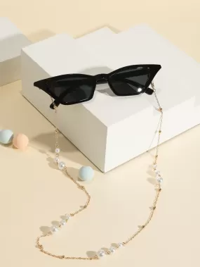 1pair Women Cat Eye Fashionable Sunglasses & 1pc Faux Pearl Decor Glasses Chain For Daily Life