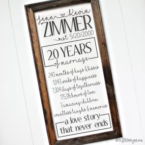 20 YEARS OF MARRIAGE Framed Canvas Sign - Custom Canvas Sign - Personalized Anniversary Sign