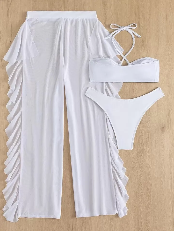 3 Pack Plain criss cross halter bikini swimsuit & cover up pants