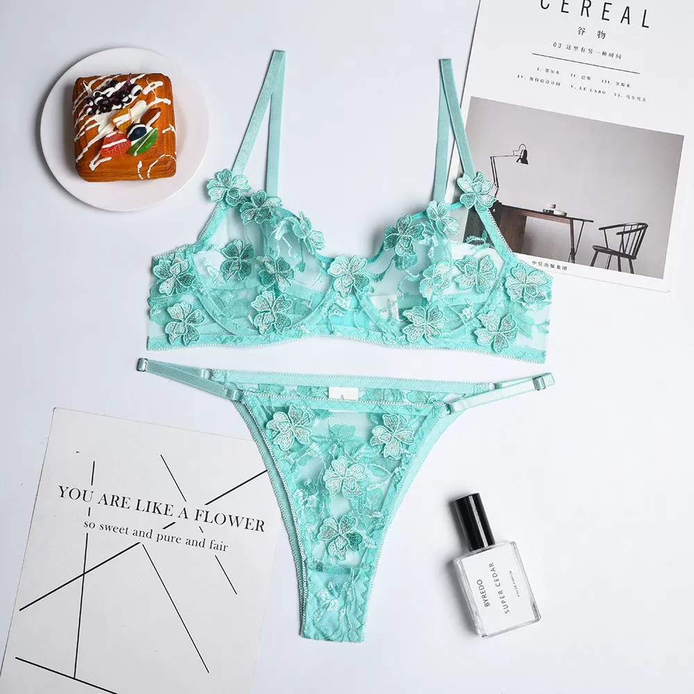 3D Flower Embroidery Lingerie Set