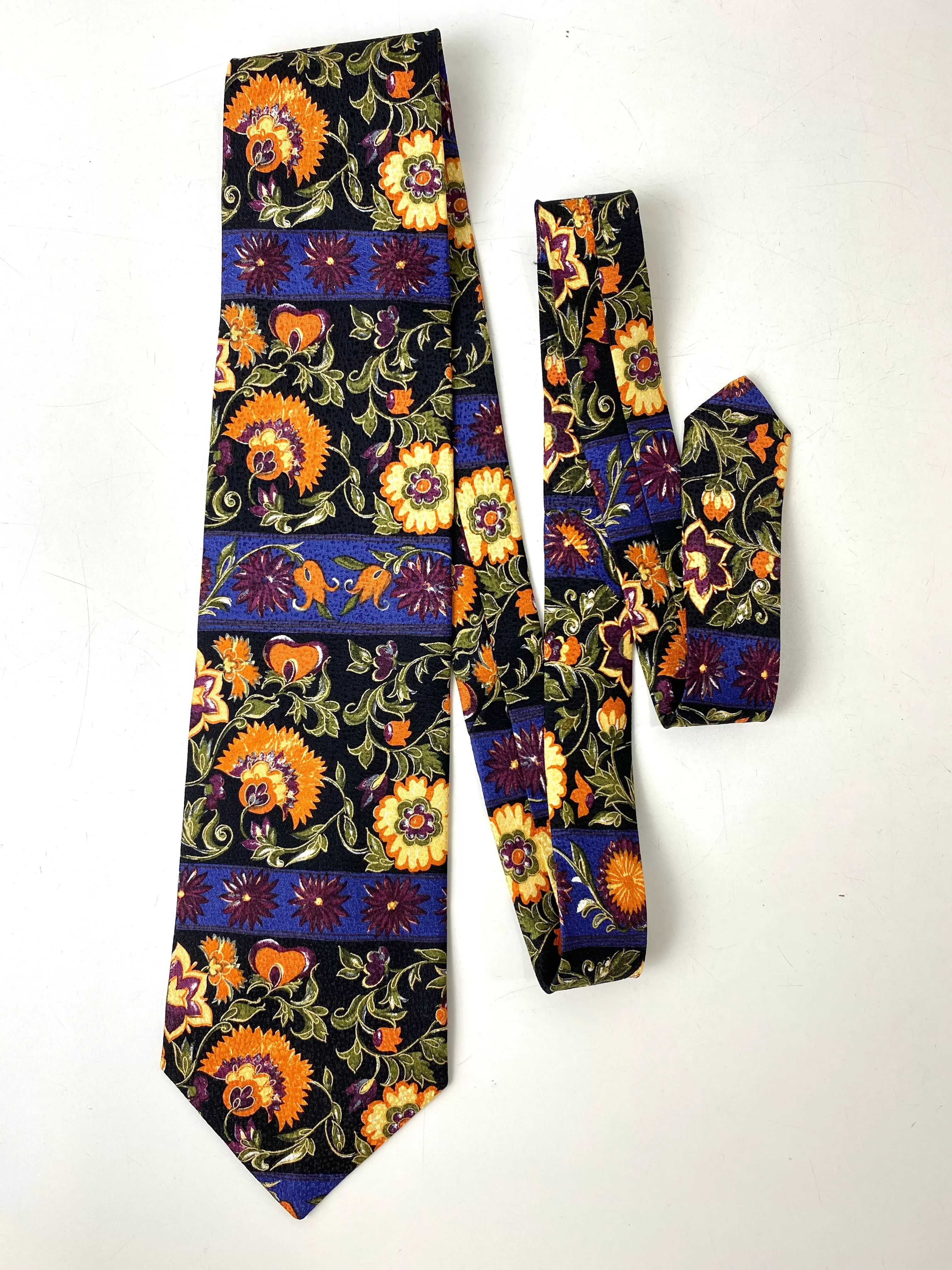 90s Deadstock Necktie, Men's Vintage Black/ Purple/ Orange Floral Print Tie, NOS