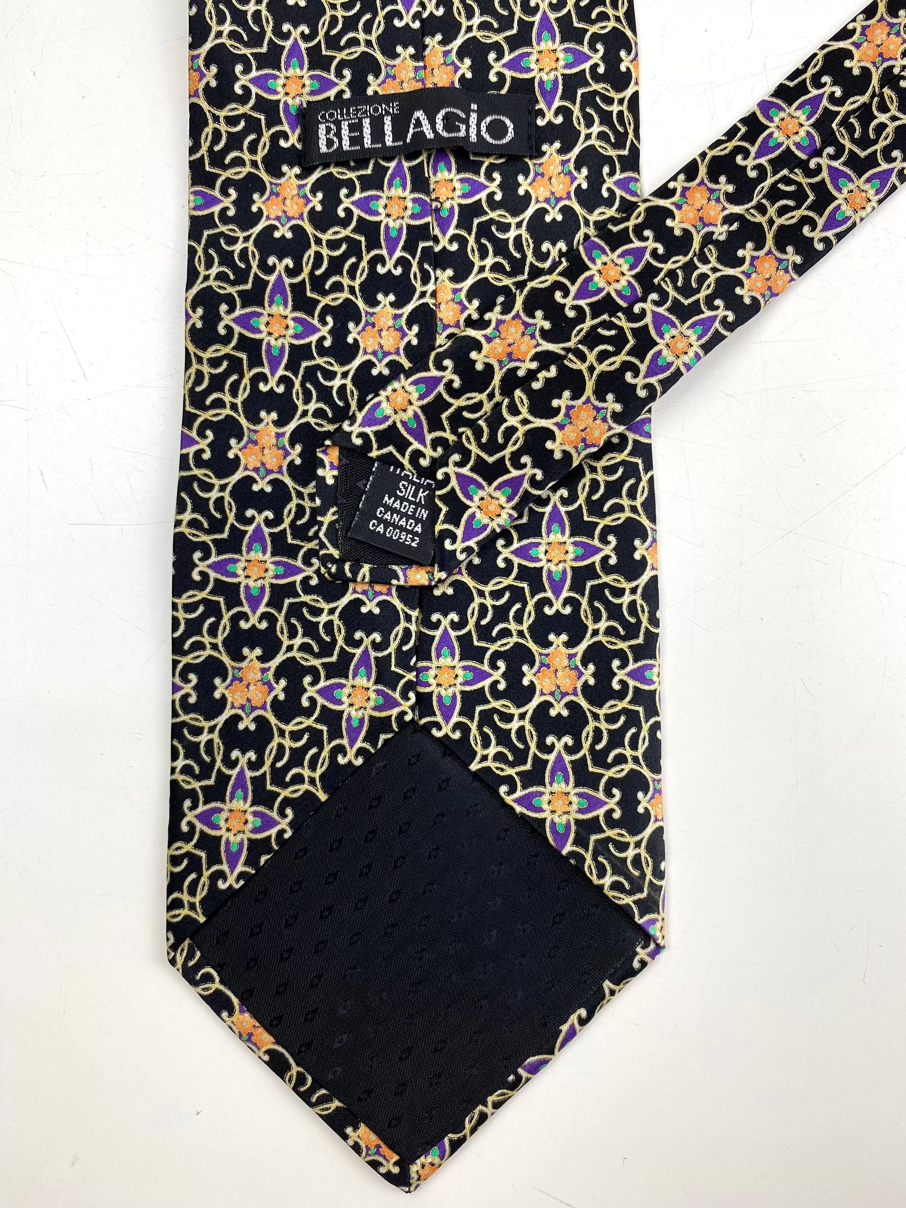 90s Deadstock Silk Necktie, Men's Vintage Black/ Purple/ Gold Geometric Art Deco Pattern Tie, NOS