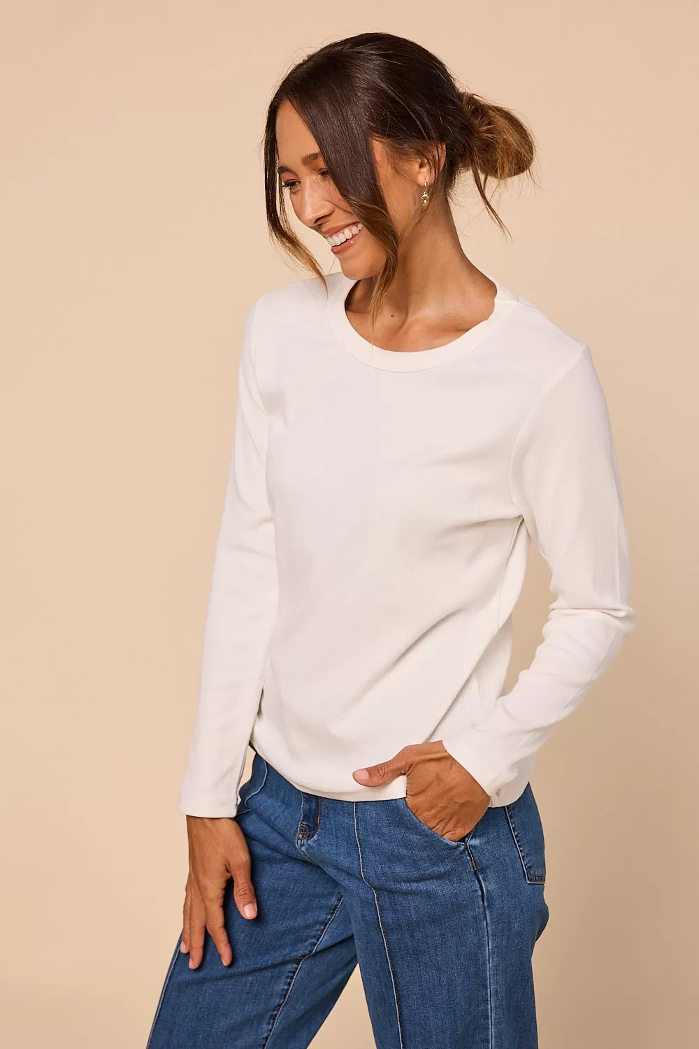 Adrift Ribbed Long Sleeve Tee in White