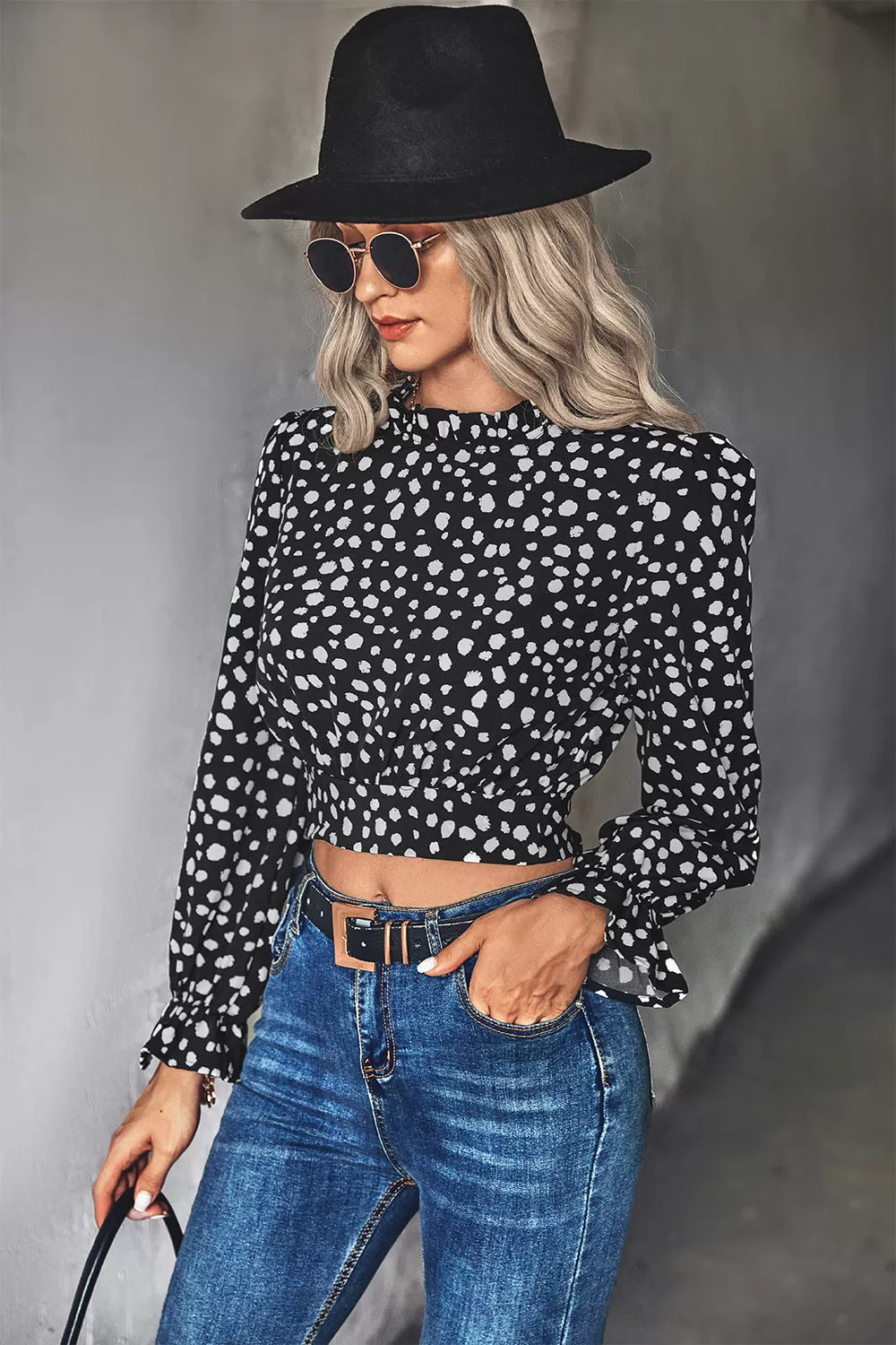 Animal Print Tie-Back Cropped Blouse