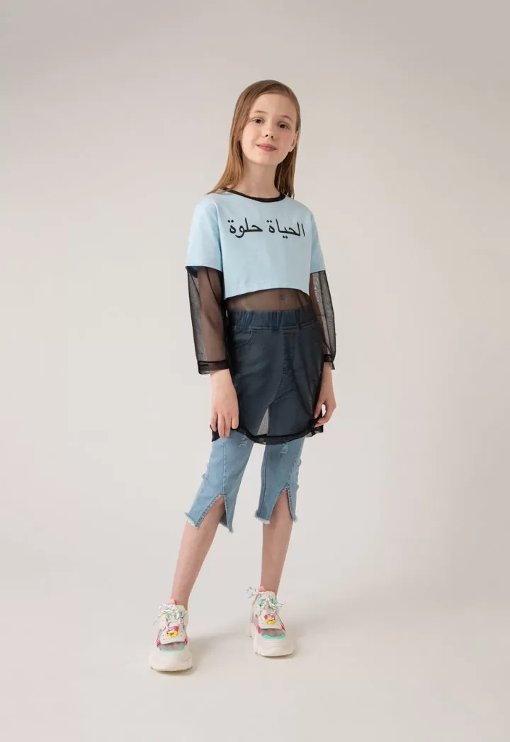 Arabic Text Print Colorblock Blouse