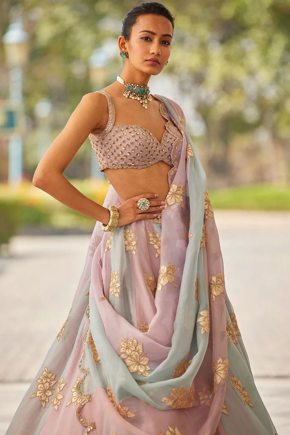 Ash Pink Flower Lehenga Set