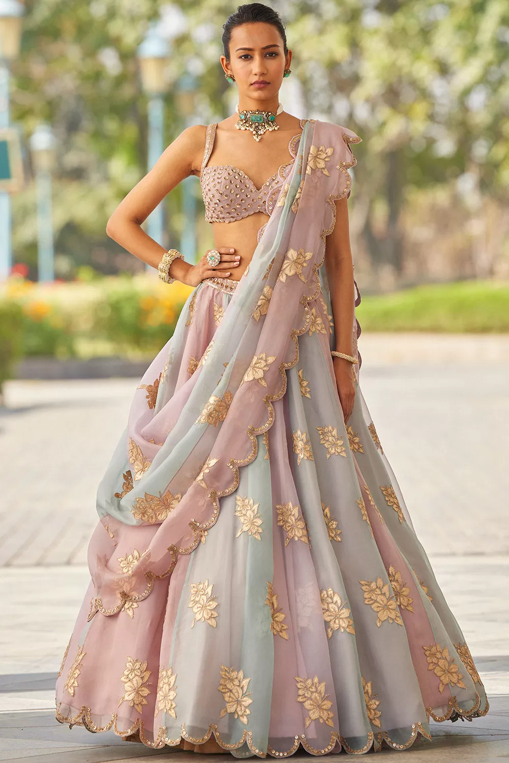 Ash Pink Flower Lehenga Set