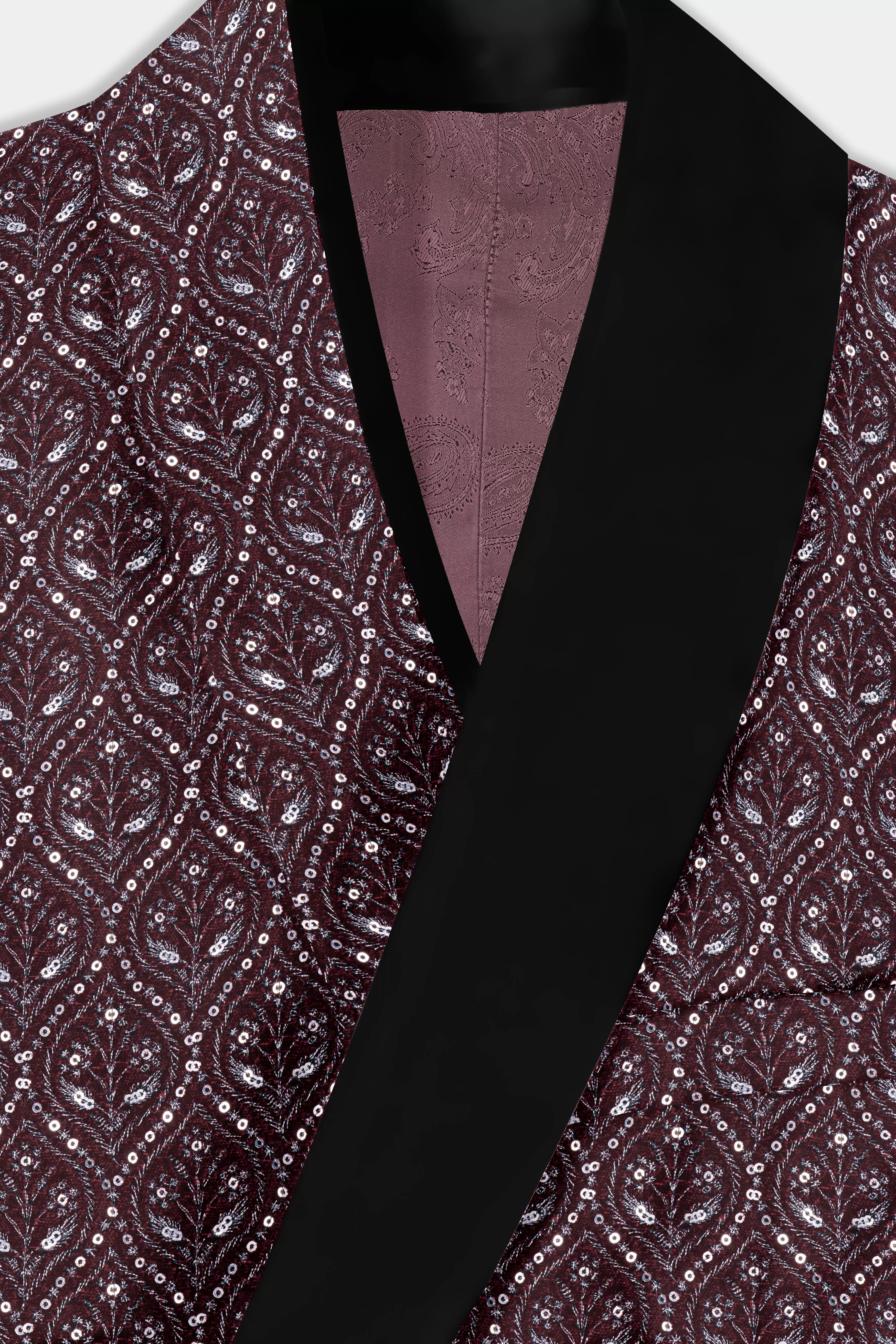 Aubergine Maroon With Sequins And Thread Embroidered Tuxedo Blazer