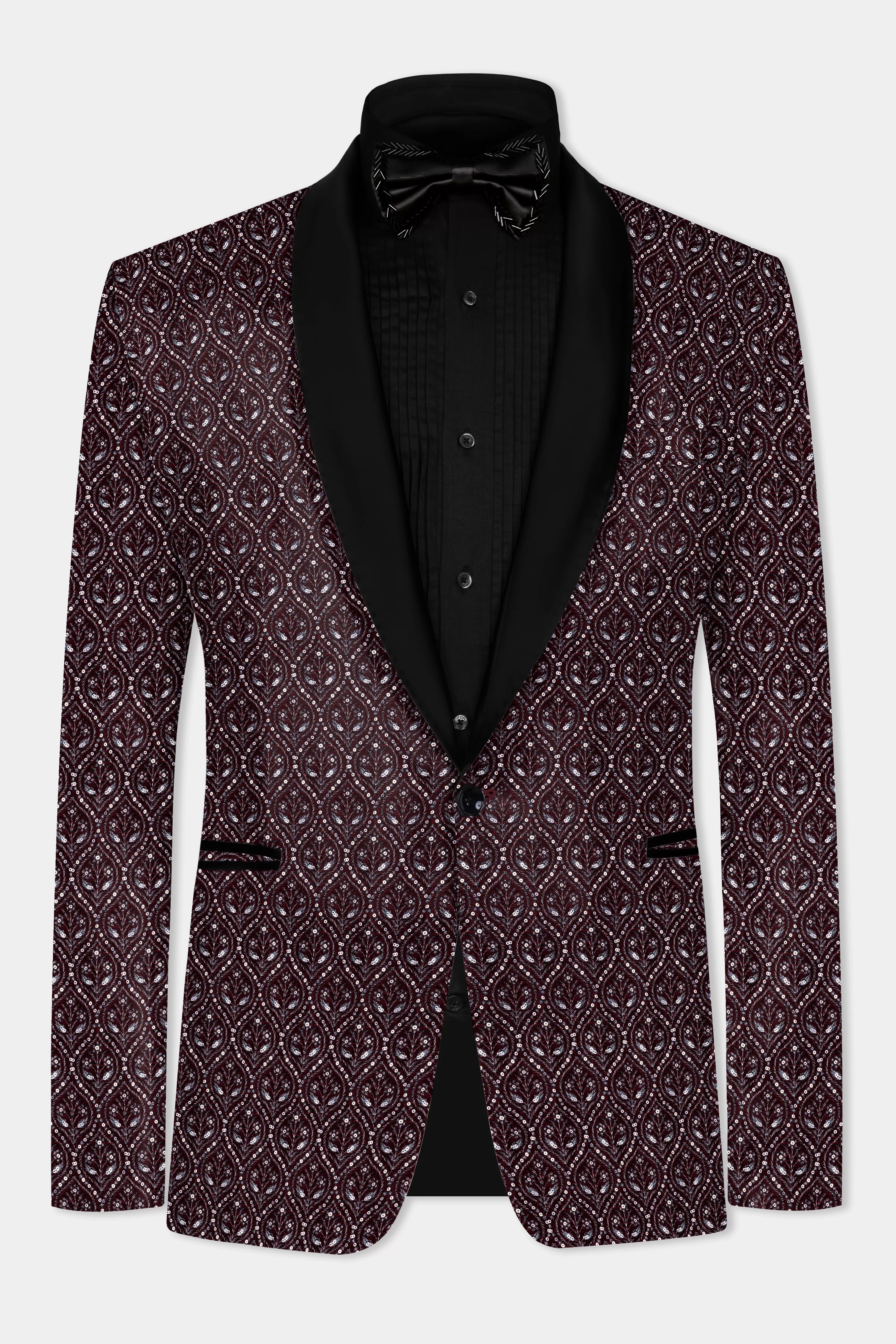 Aubergine Maroon With Sequins And Thread Embroidered Tuxedo Blazer