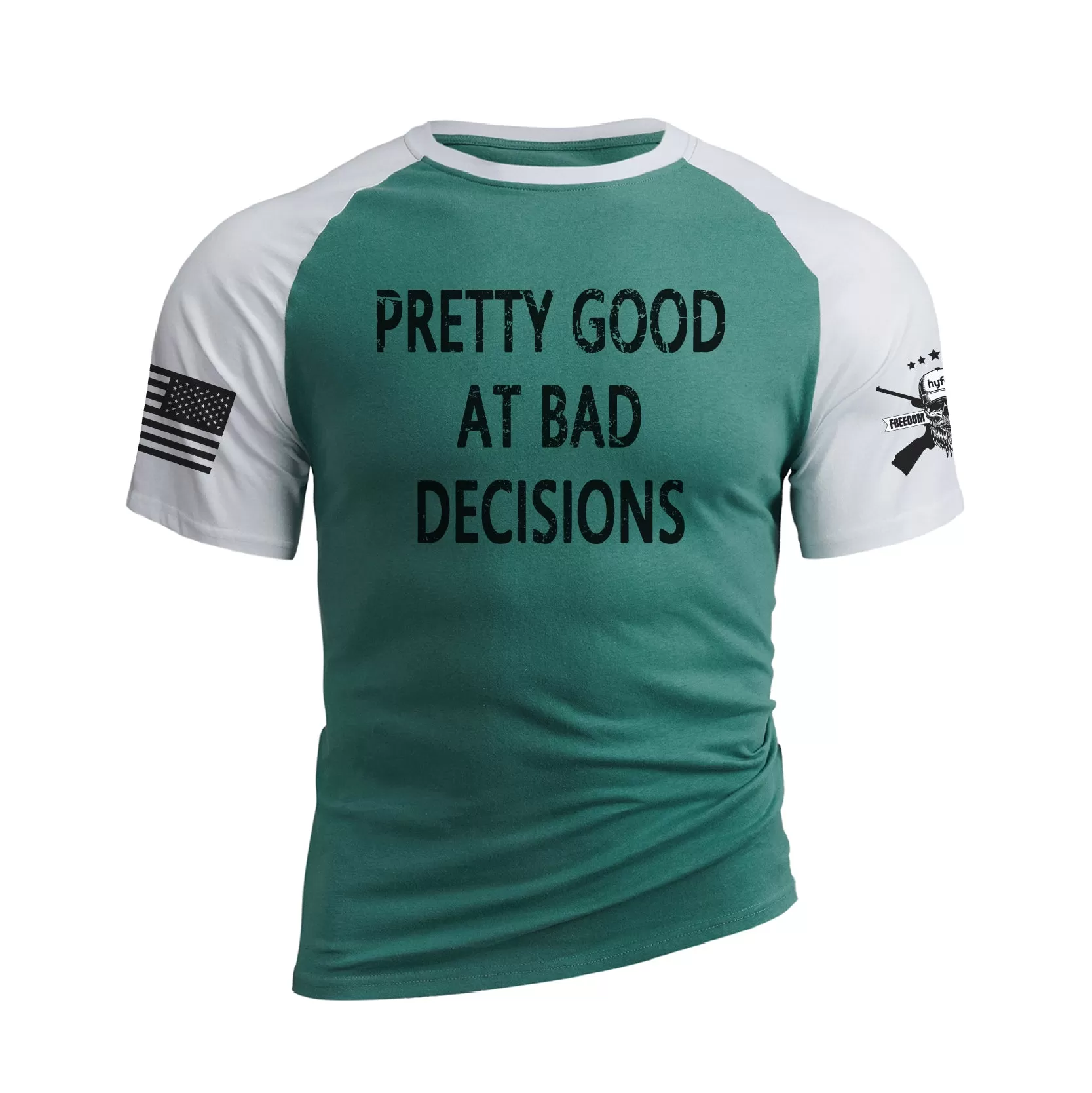 BAD DECISIONS 100% COTTON RAGLAN GRAPHIC TEE