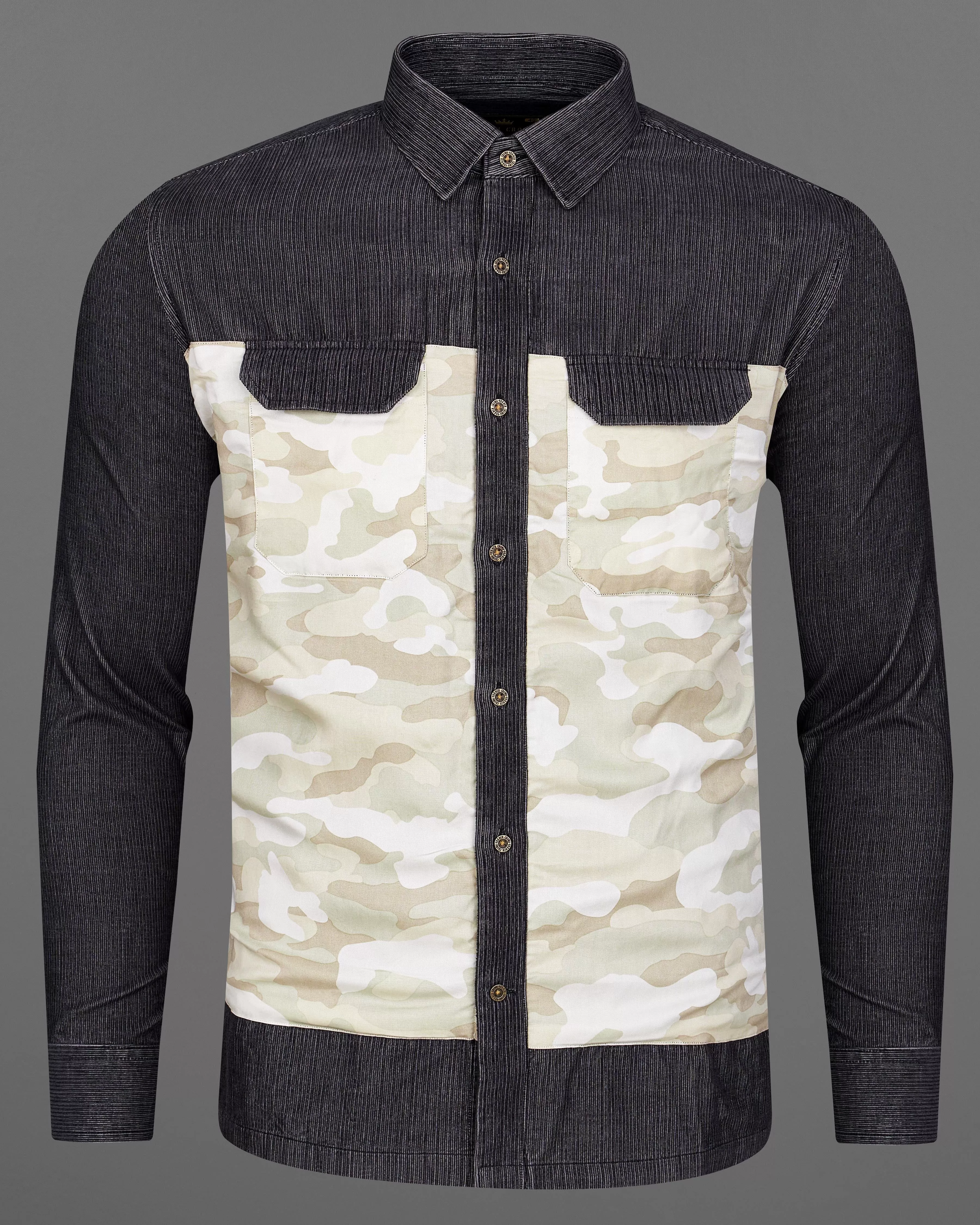 Baltic Gray with Oyster Brown Camouflage Printed Corduroy Designer Shirt