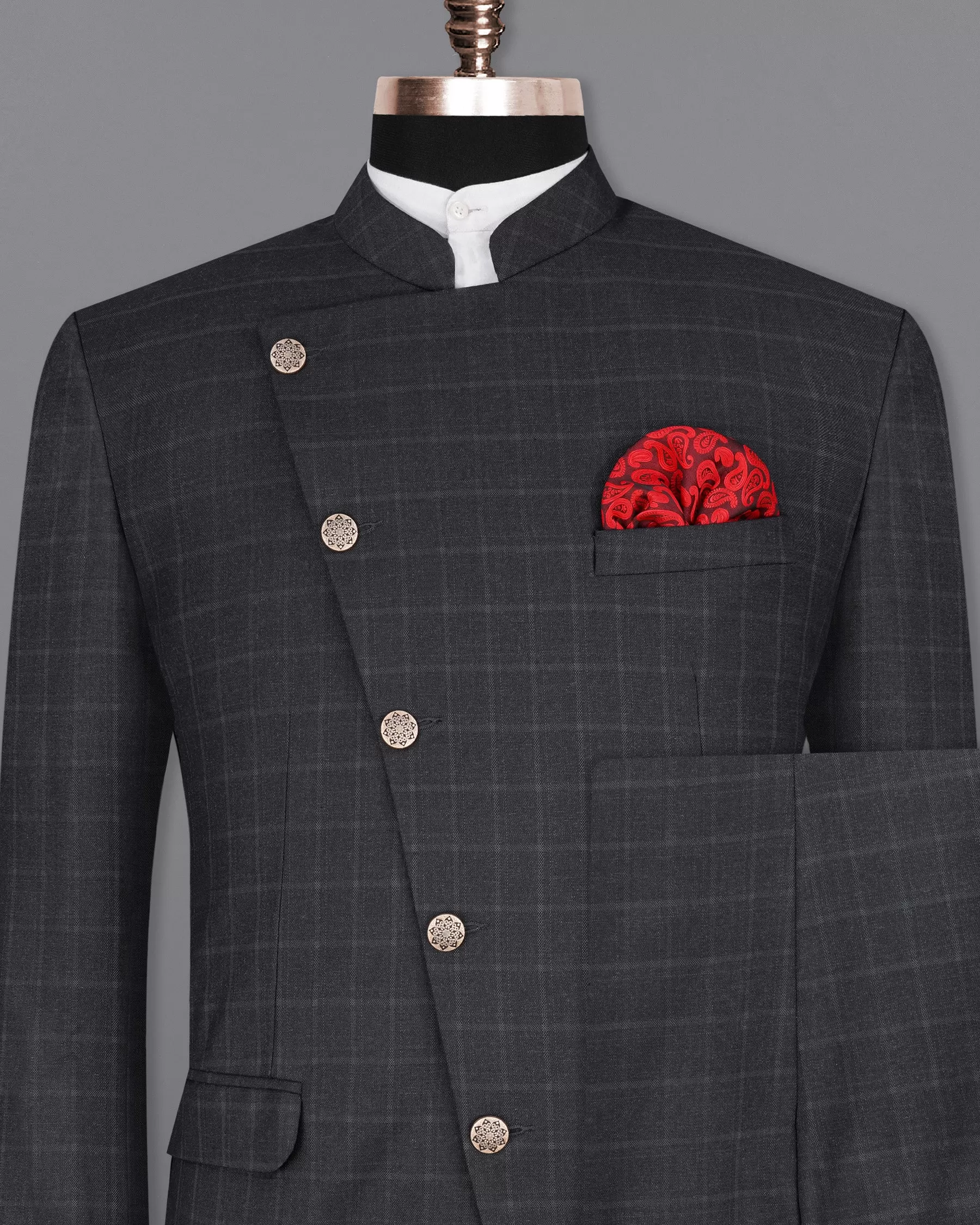 Bastille Light Black Windowpane Cross Placket Bandhgala Suit