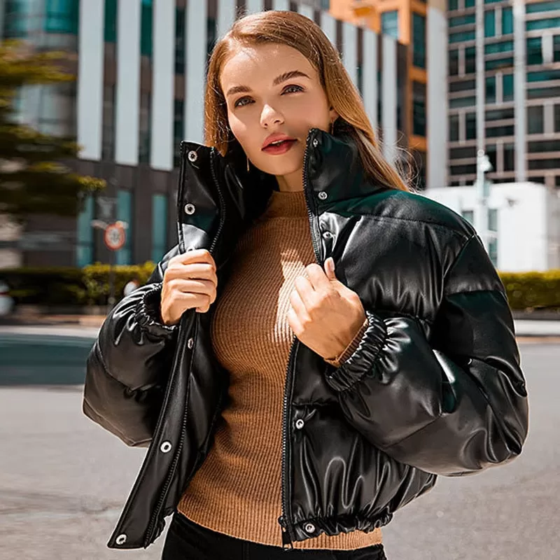 BerriesJam - 2024 PU Leather Short Zipper Black Cotton Padded Down Jacket