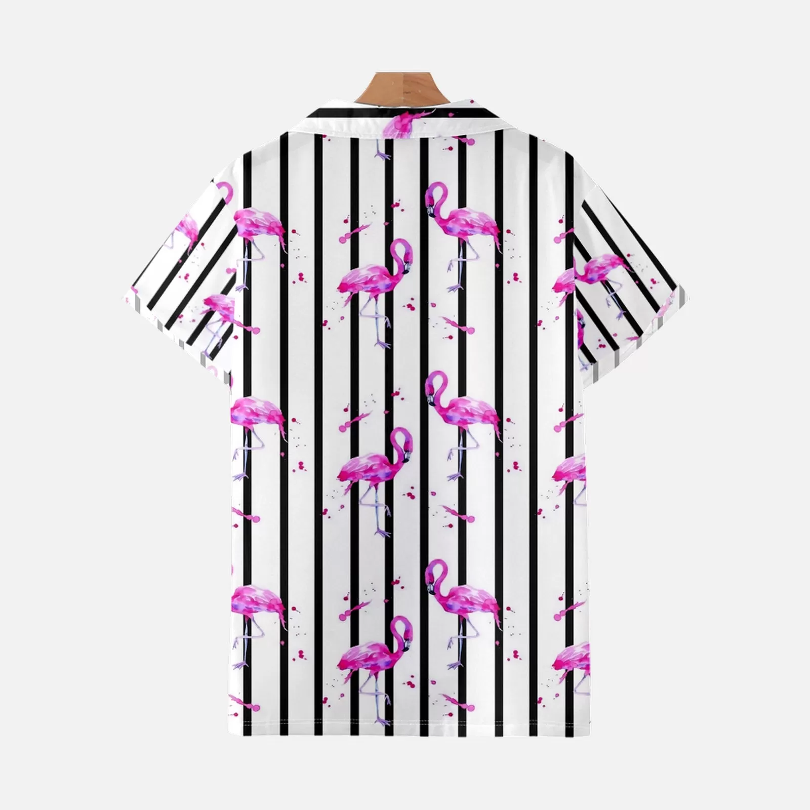 BLACK AND WHITE STRIPED FLAMINGO PRINTED ALOHA SHIRT