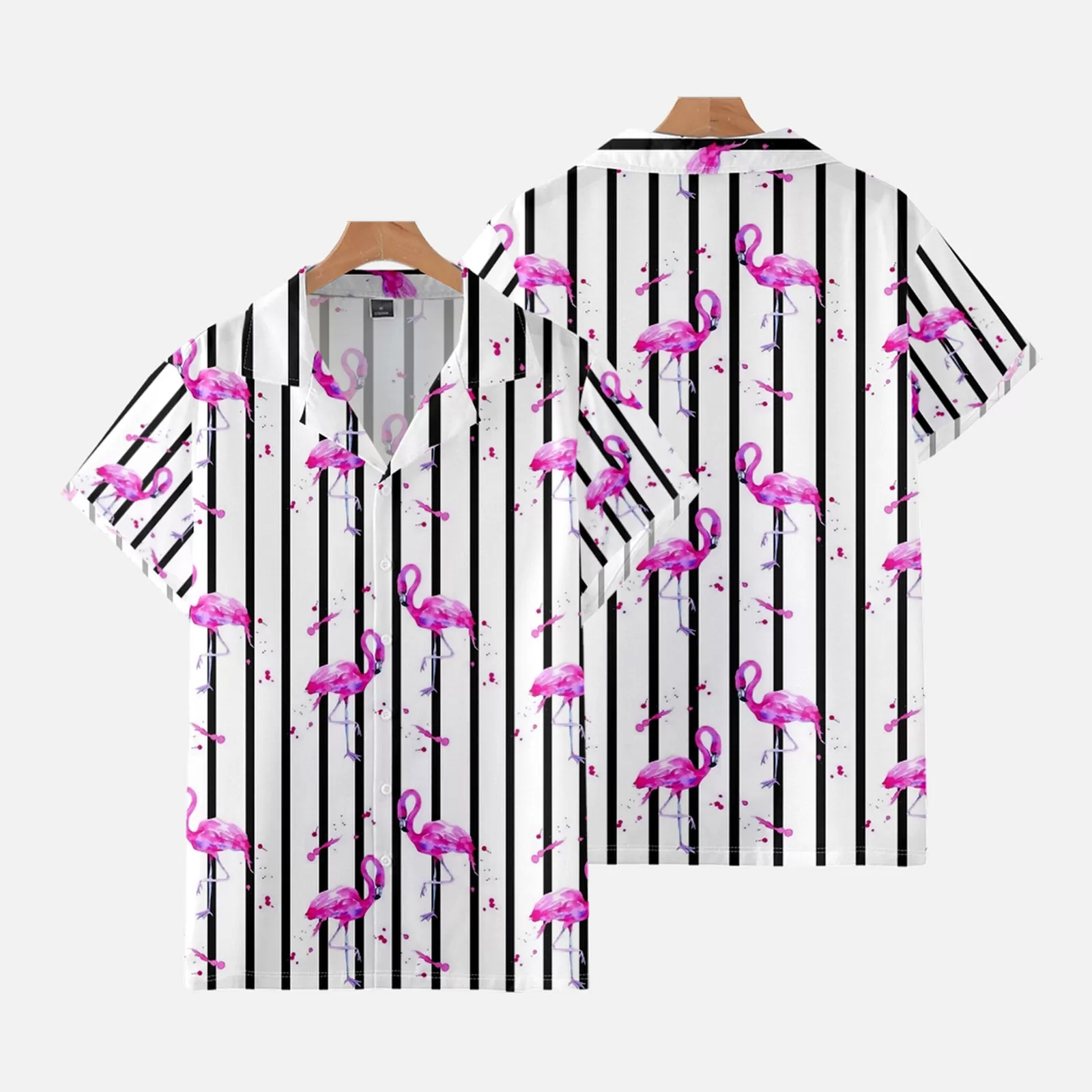 BLACK AND WHITE STRIPED FLAMINGO PRINTED ALOHA SHIRT