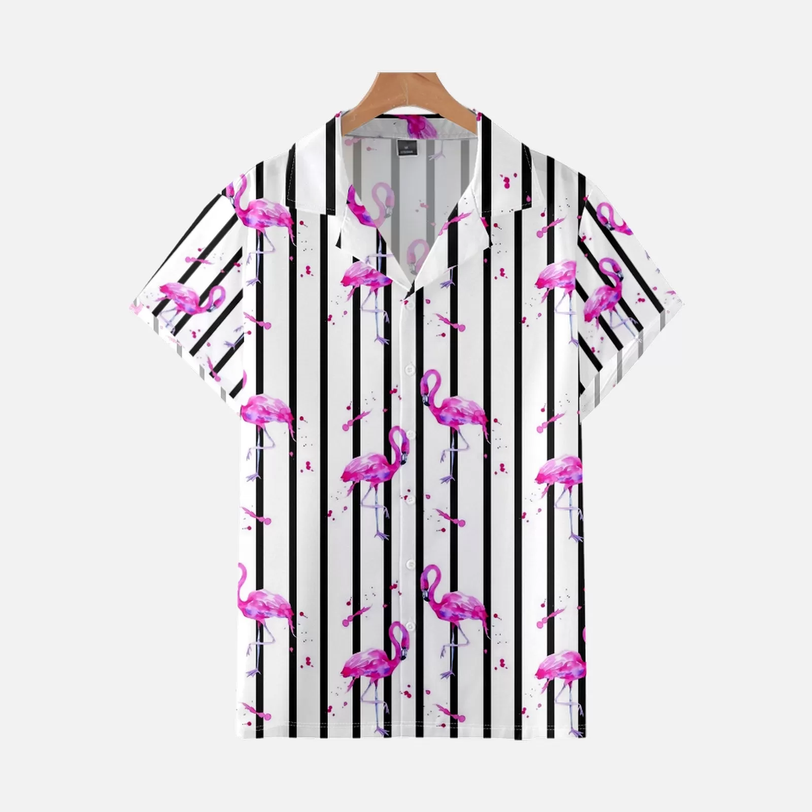 BLACK AND WHITE STRIPED FLAMINGO PRINTED ALOHA SHIRT