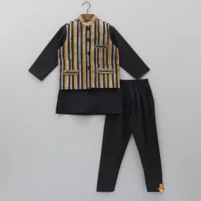 Black Kurta With Striped Pocket Detail Jacket And Churidar