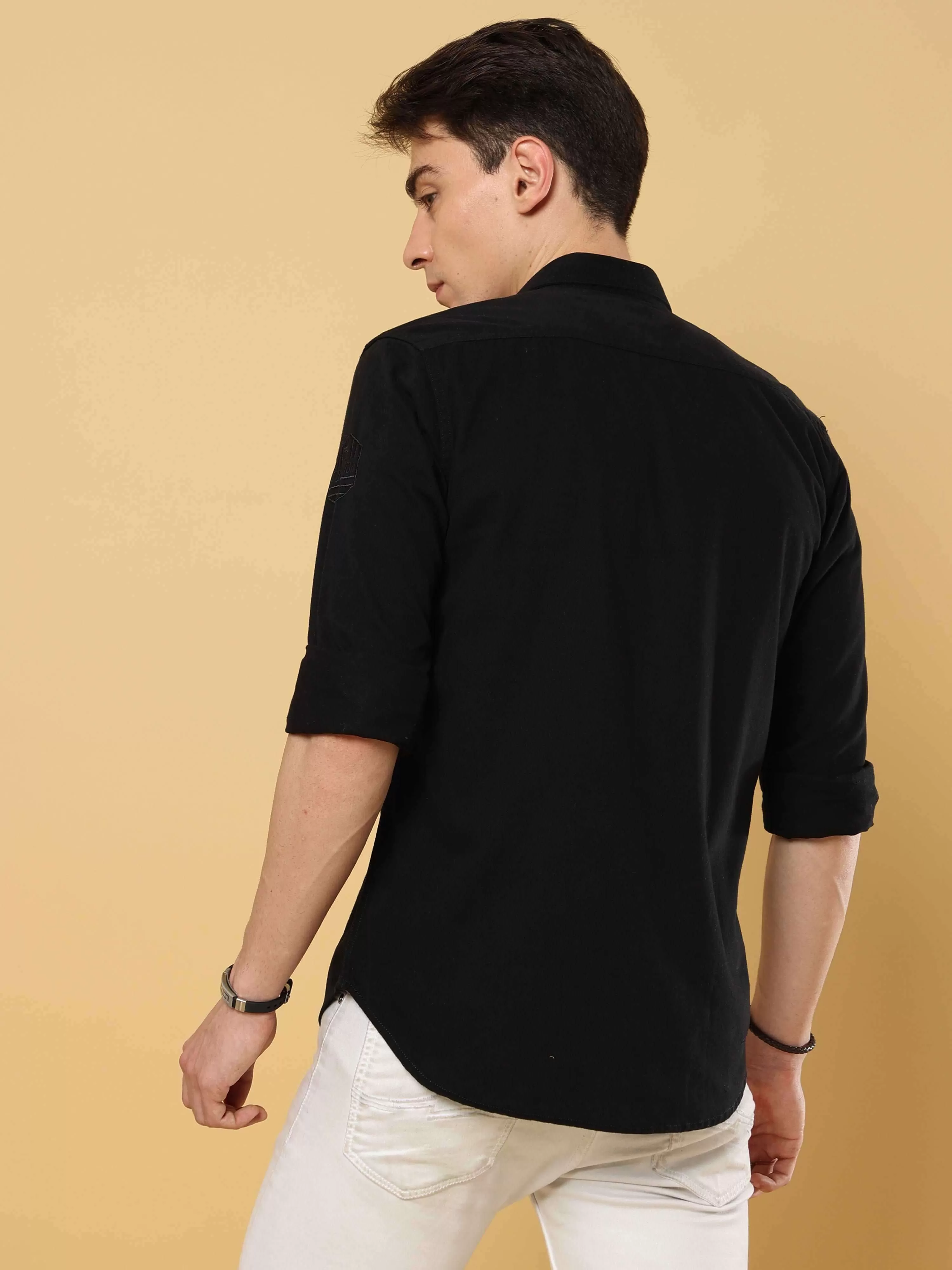 Black Twill Solid Cargo full sleeve Shirt