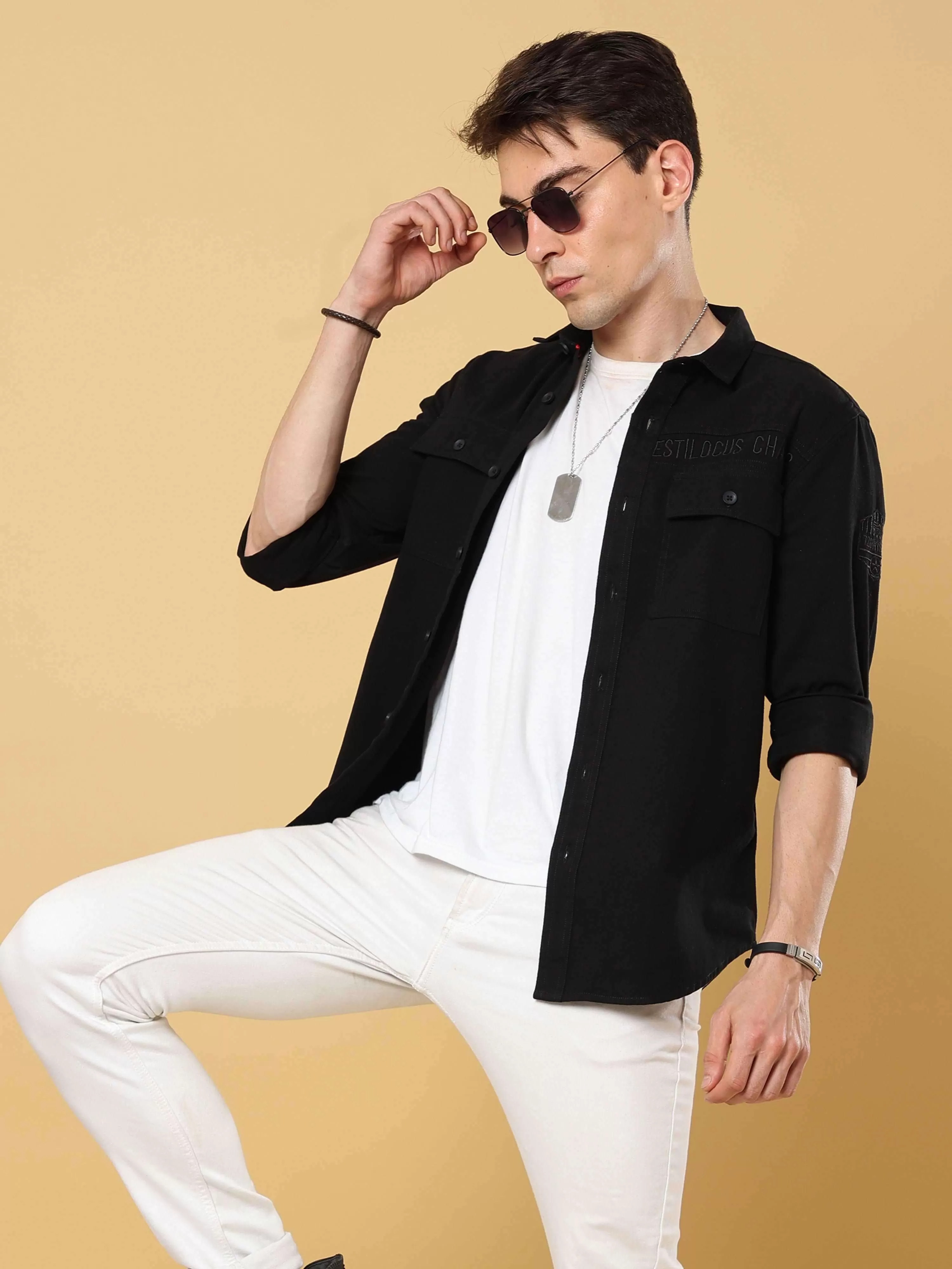 Black Twill Solid Cargo full sleeve Shirt