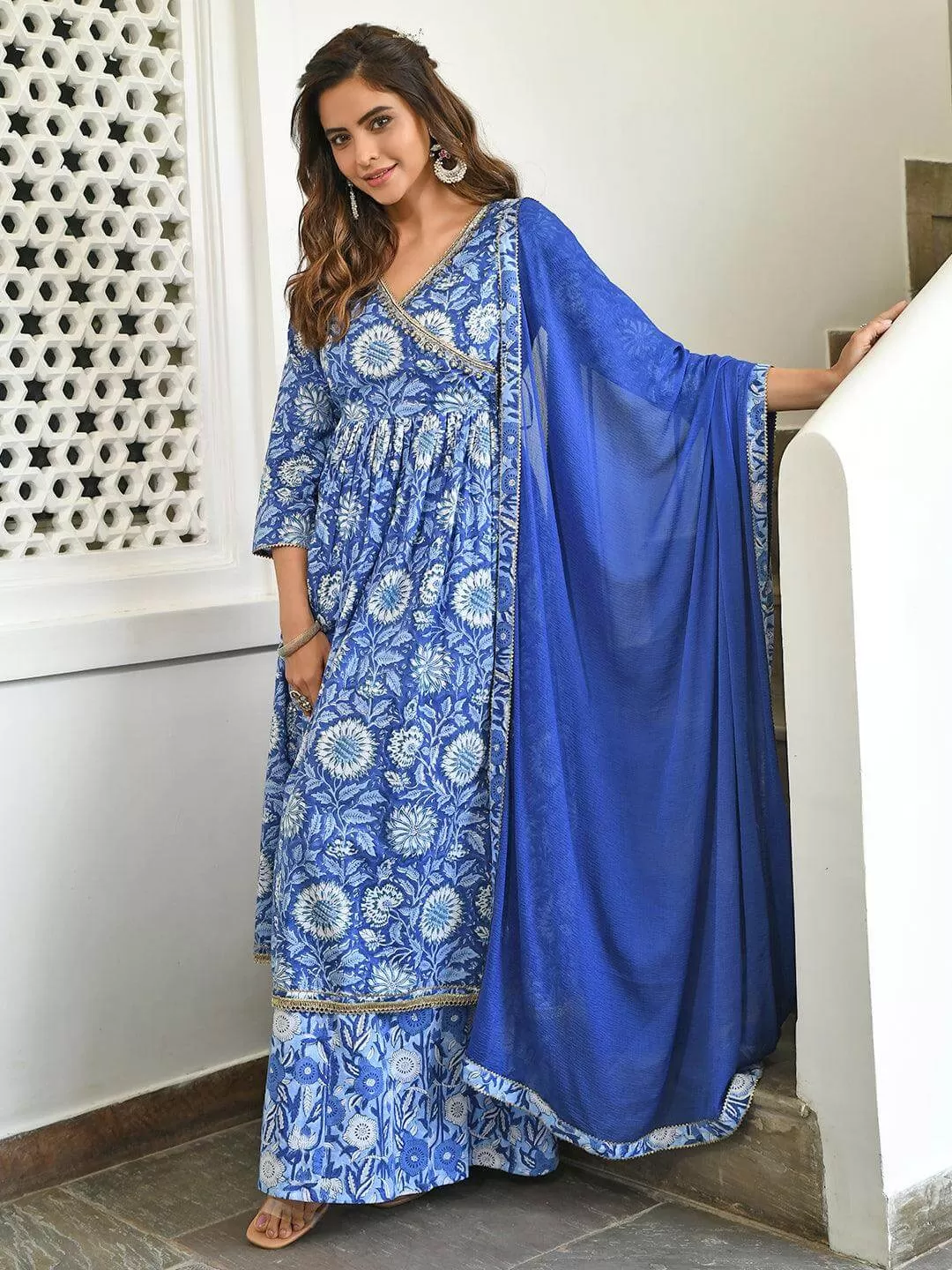 Blue Cotton Floral Block Print Kurta Palazzo Set