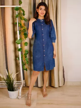 Blue Denim Solid Straight Western Dress