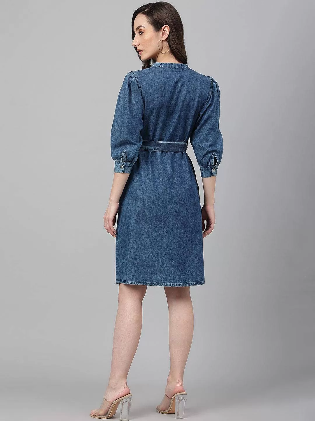 Blue Denim Solid Straight Western Dress