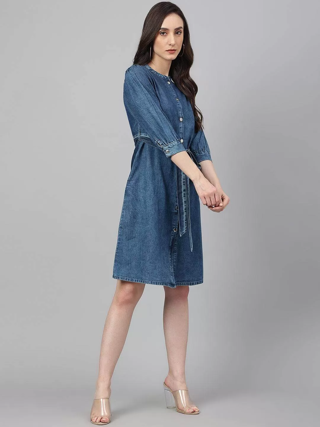 Blue Denim Solid Straight Western Dress