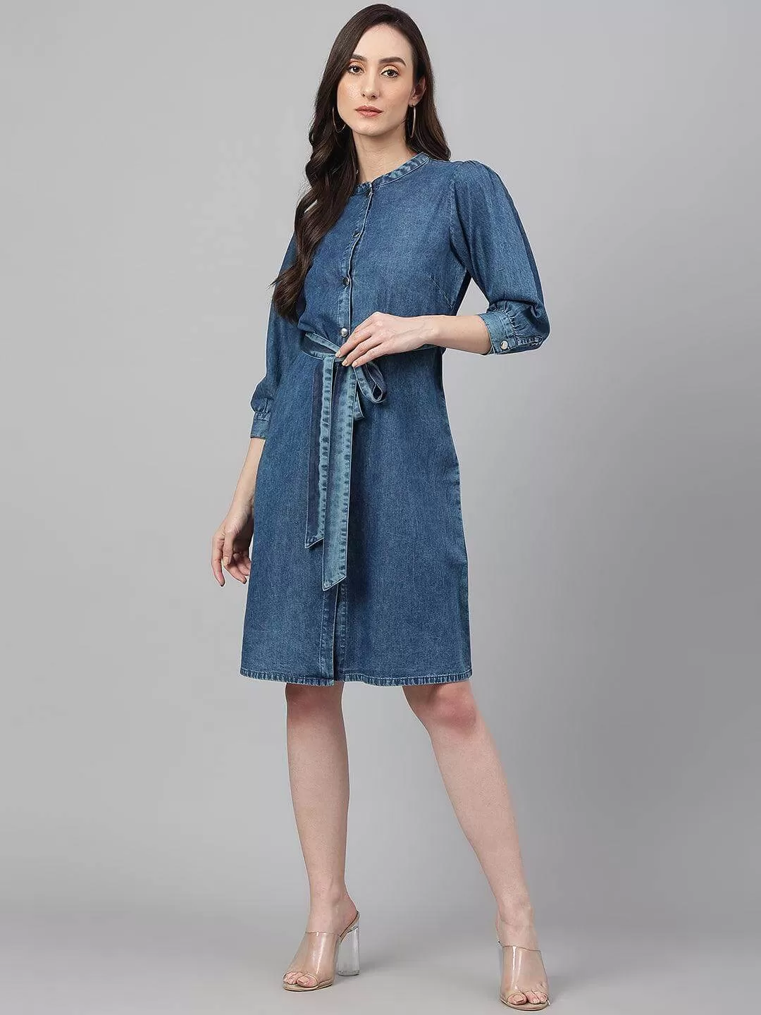 Blue Denim Solid Straight Western Dress