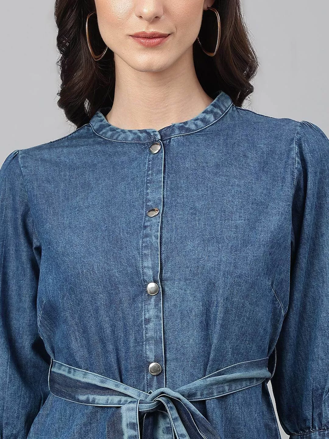 Blue Denim Solid Straight Western Dress