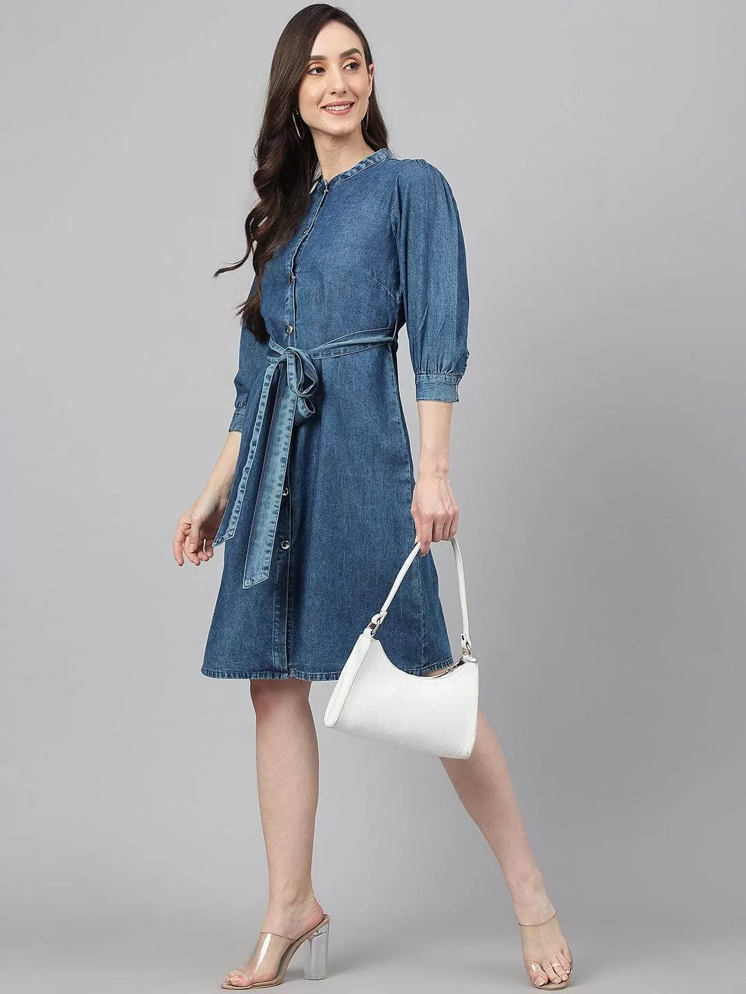 Blue Denim Solid Straight Western Dress