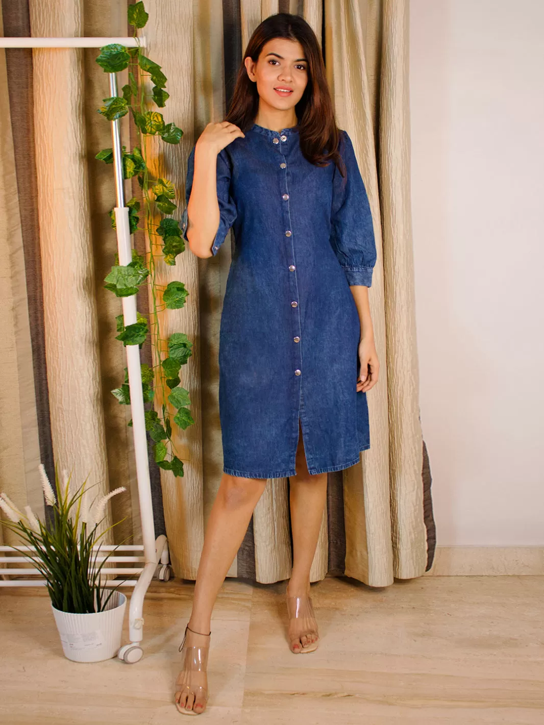 Blue Denim Solid Straight Western Dress