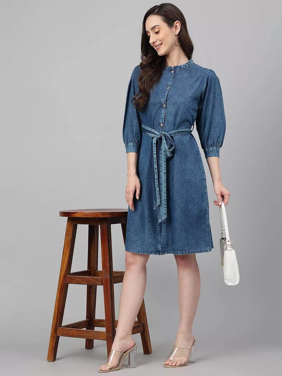 Blue Denim Solid Straight Western Dress