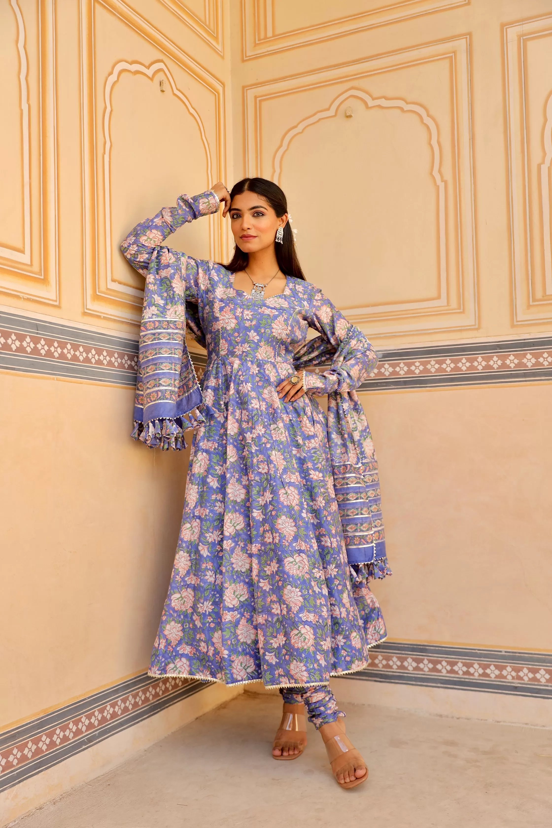 Blue flower print handblock chanderi anarkali set