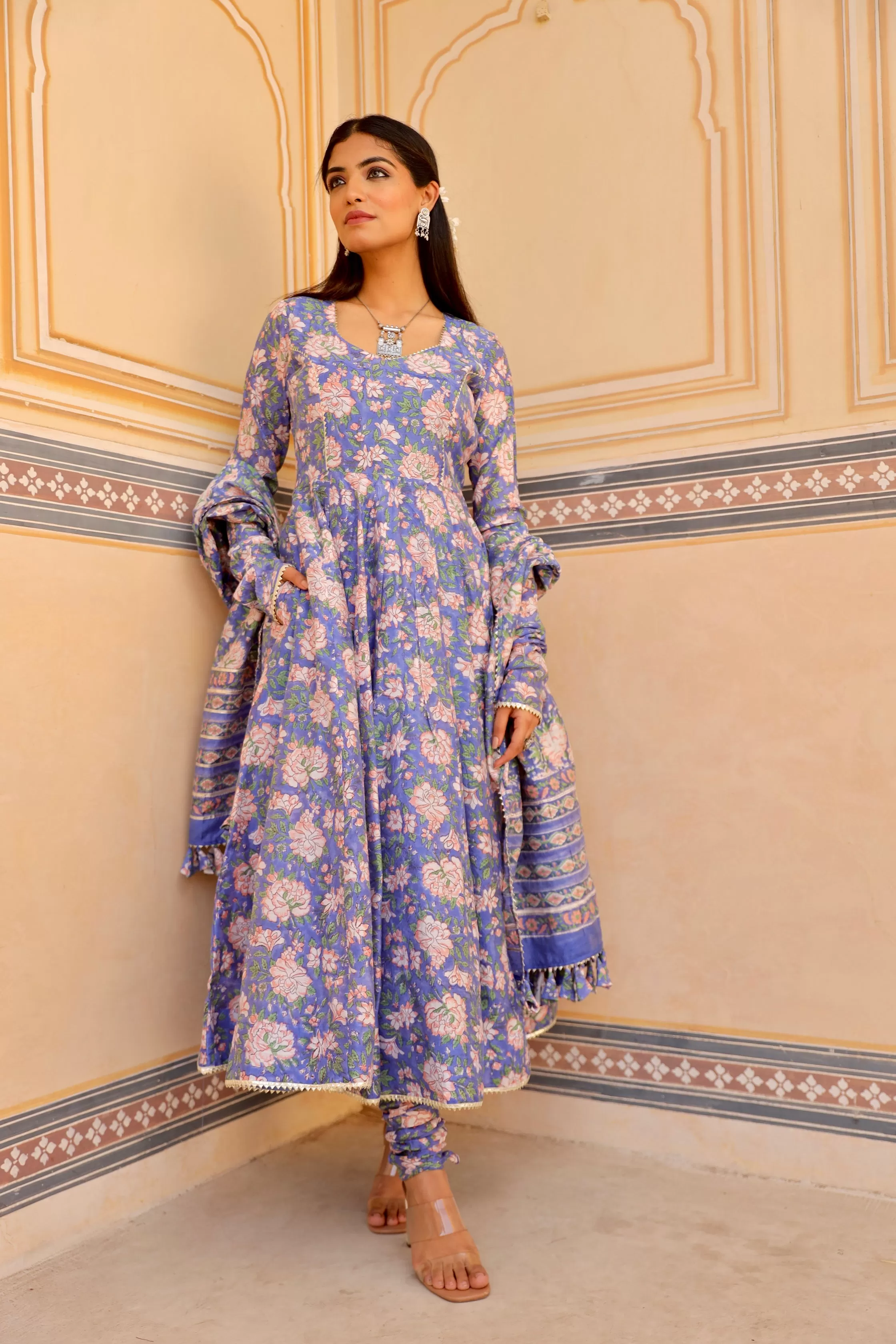 Blue flower print handblock chanderi anarkali set