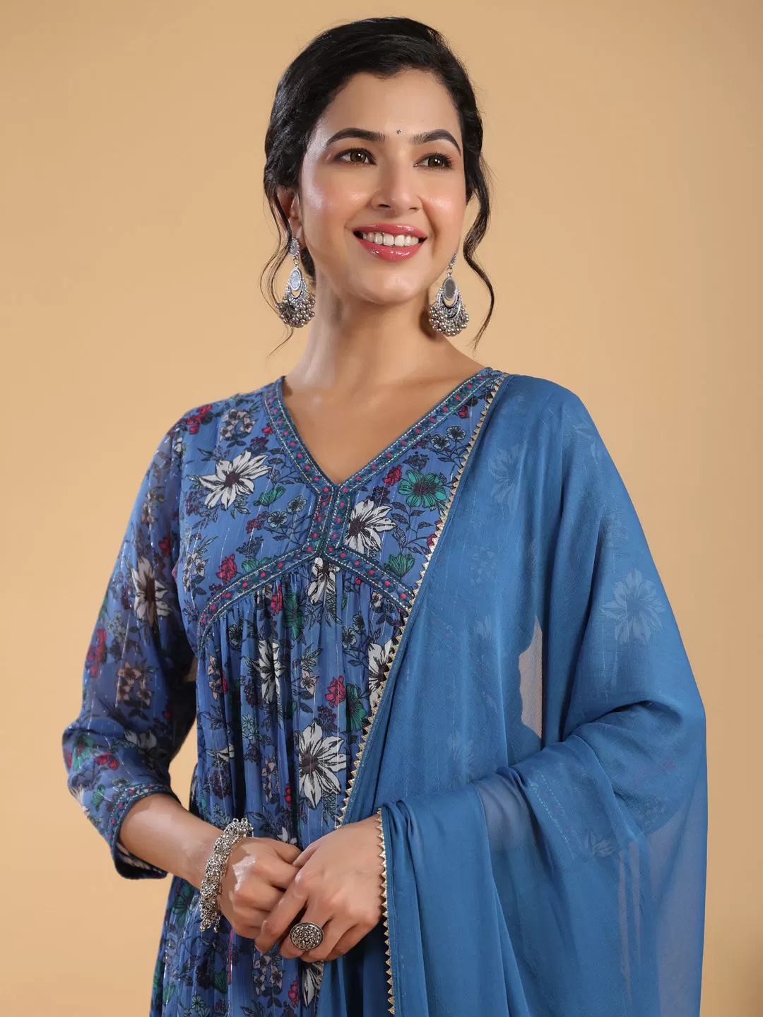 Blue Lurex Chiffon Floral Gathered Kurta Pant Set