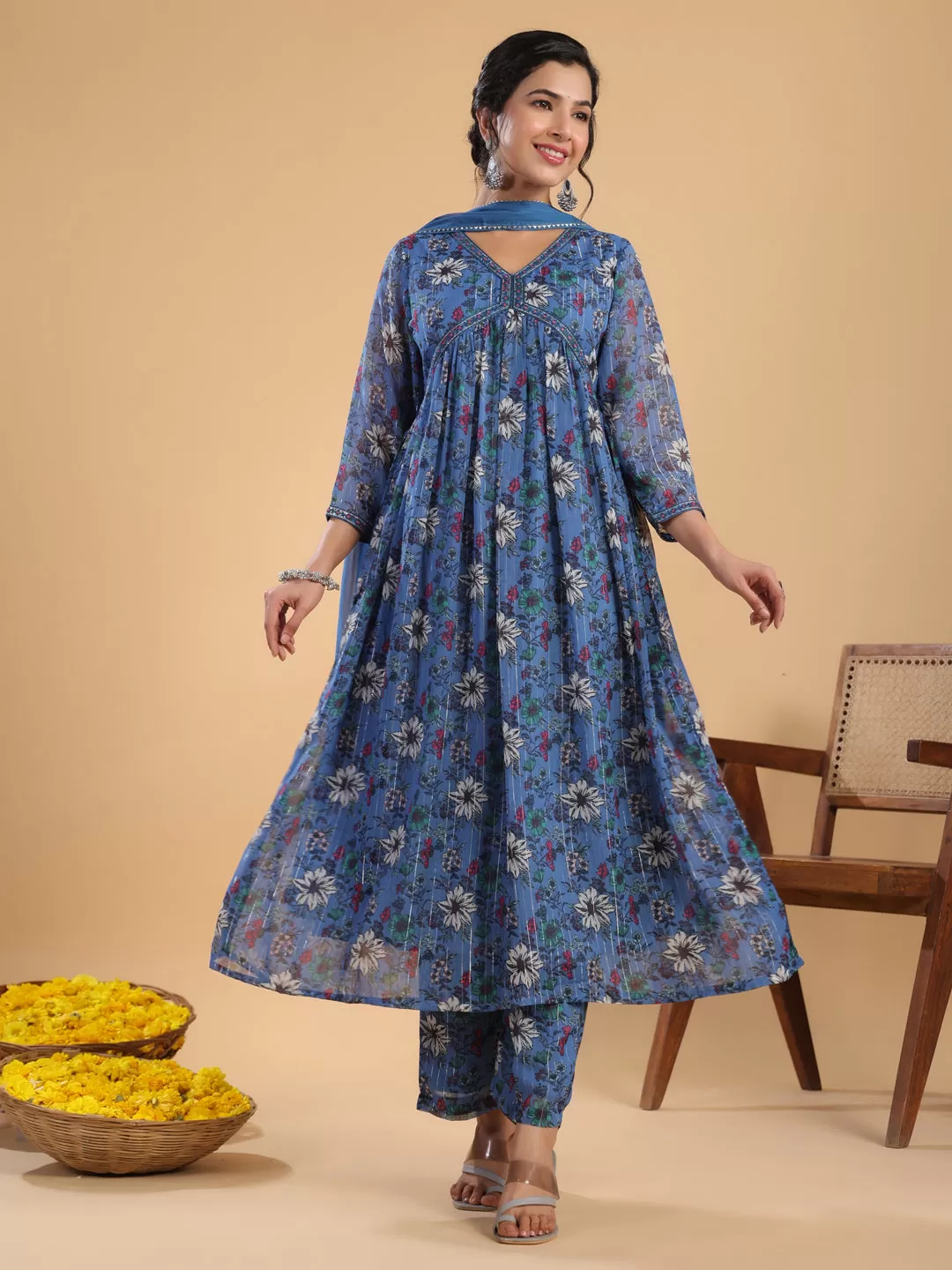 Blue Lurex Chiffon Floral Gathered Kurta Pant Set