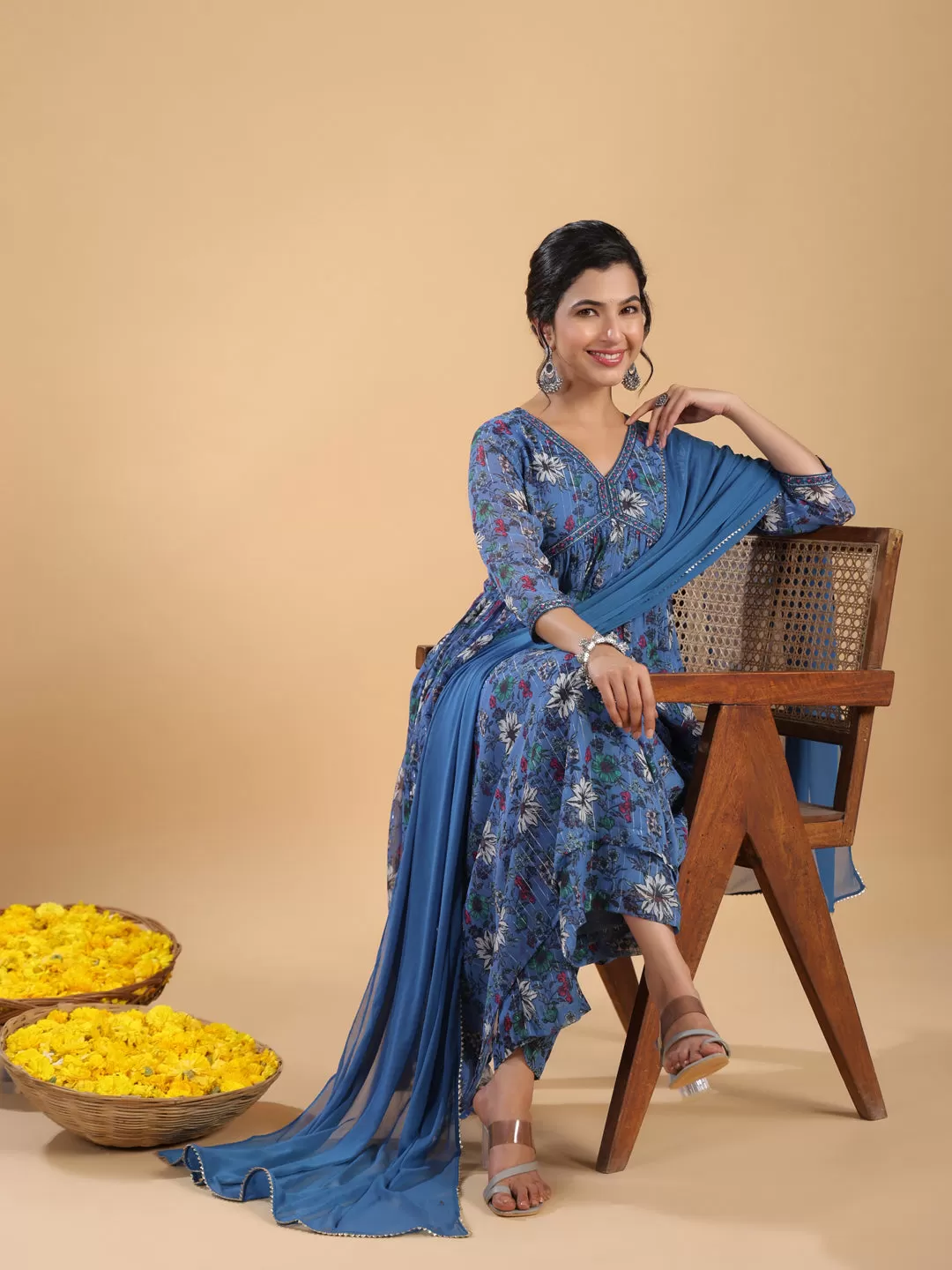 Blue Lurex Chiffon Floral Gathered Kurta Pant Set