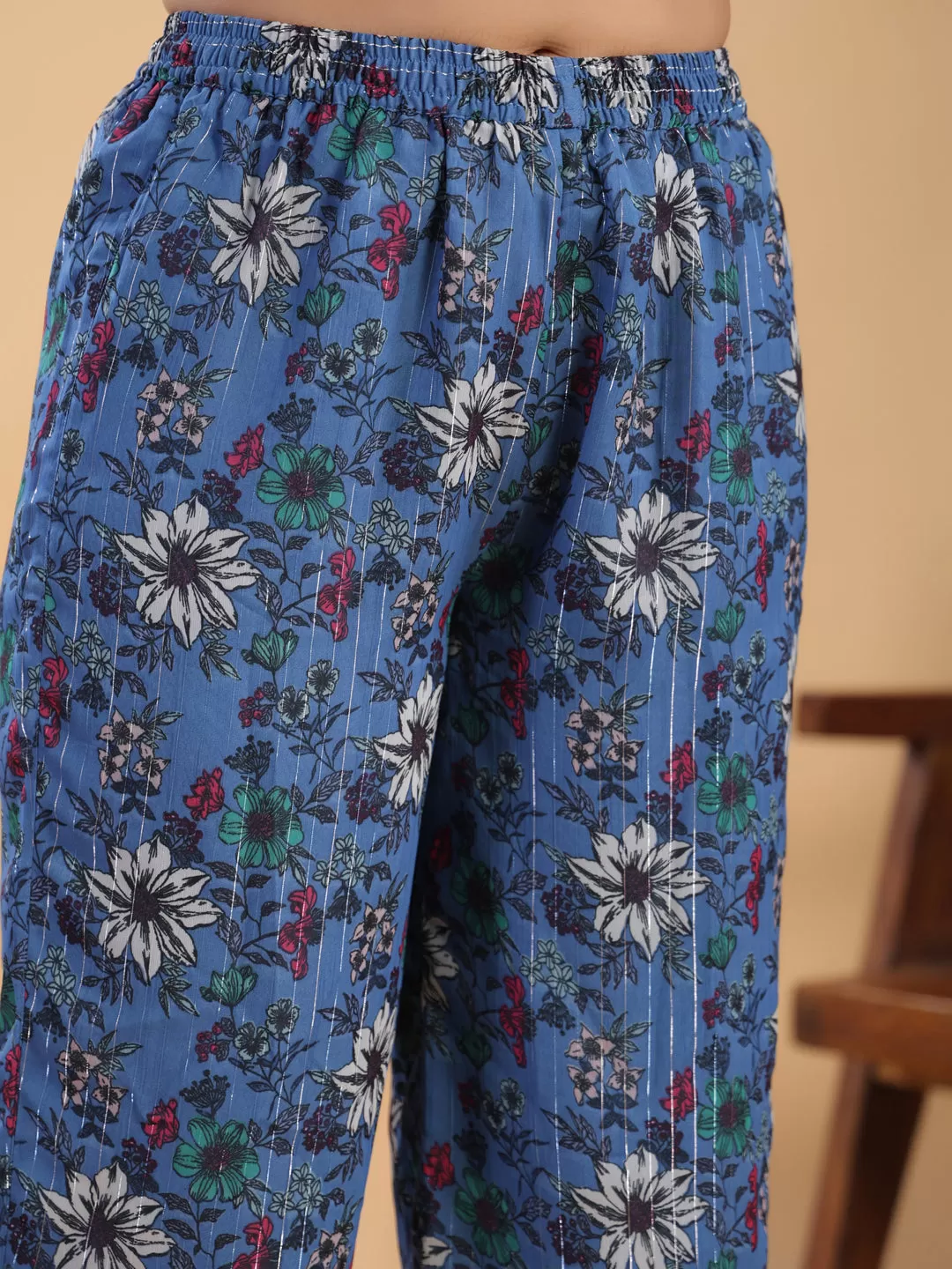 Blue Lurex Chiffon Floral Gathered Kurta Pant Set