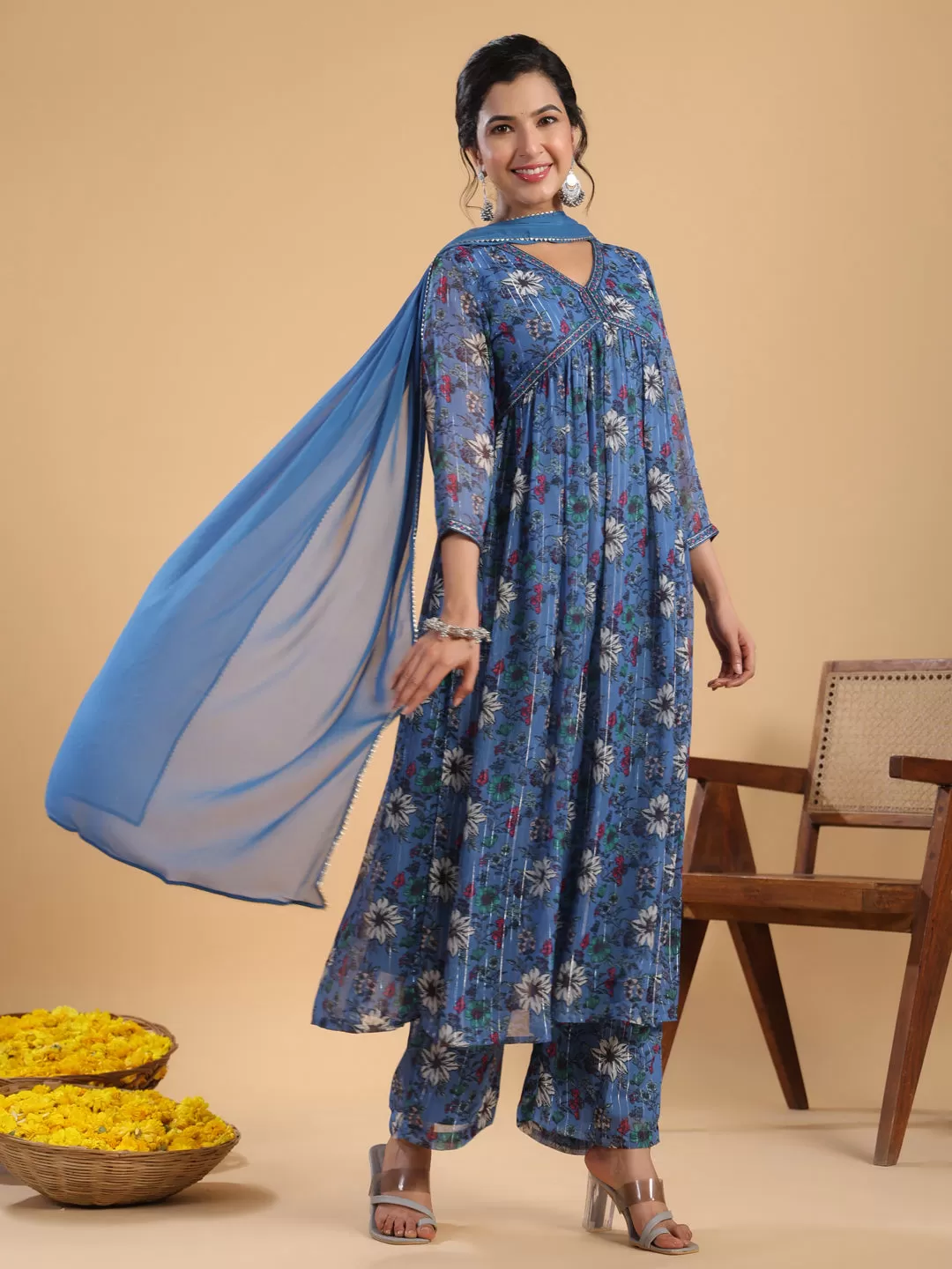 Blue Lurex Chiffon Floral Gathered Kurta Pant Set