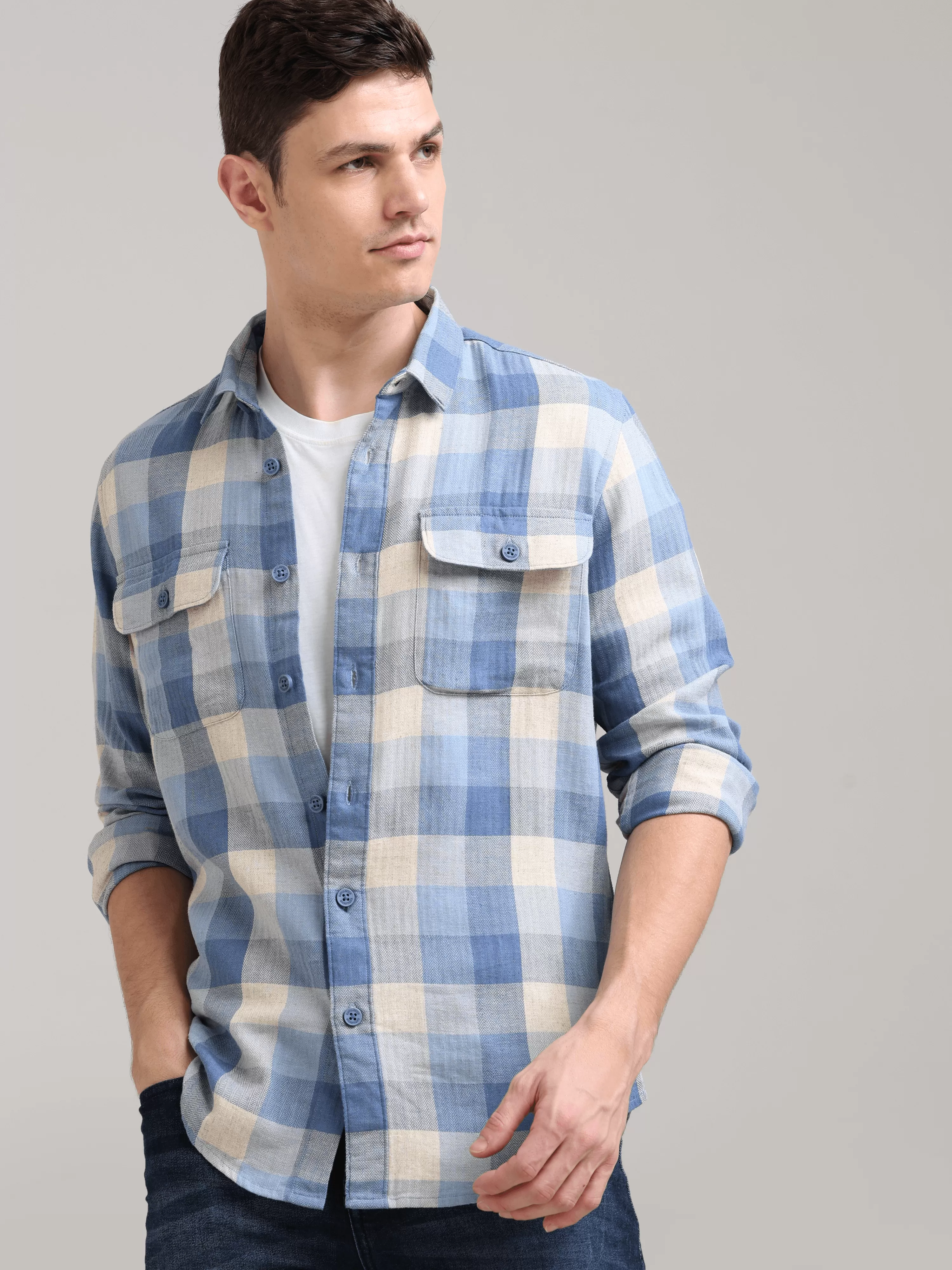 Blue Nova Cream Casual Check Shirt