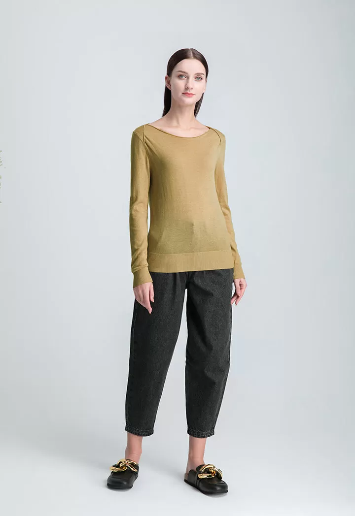 Boat Neck Solid Basic Knitwear