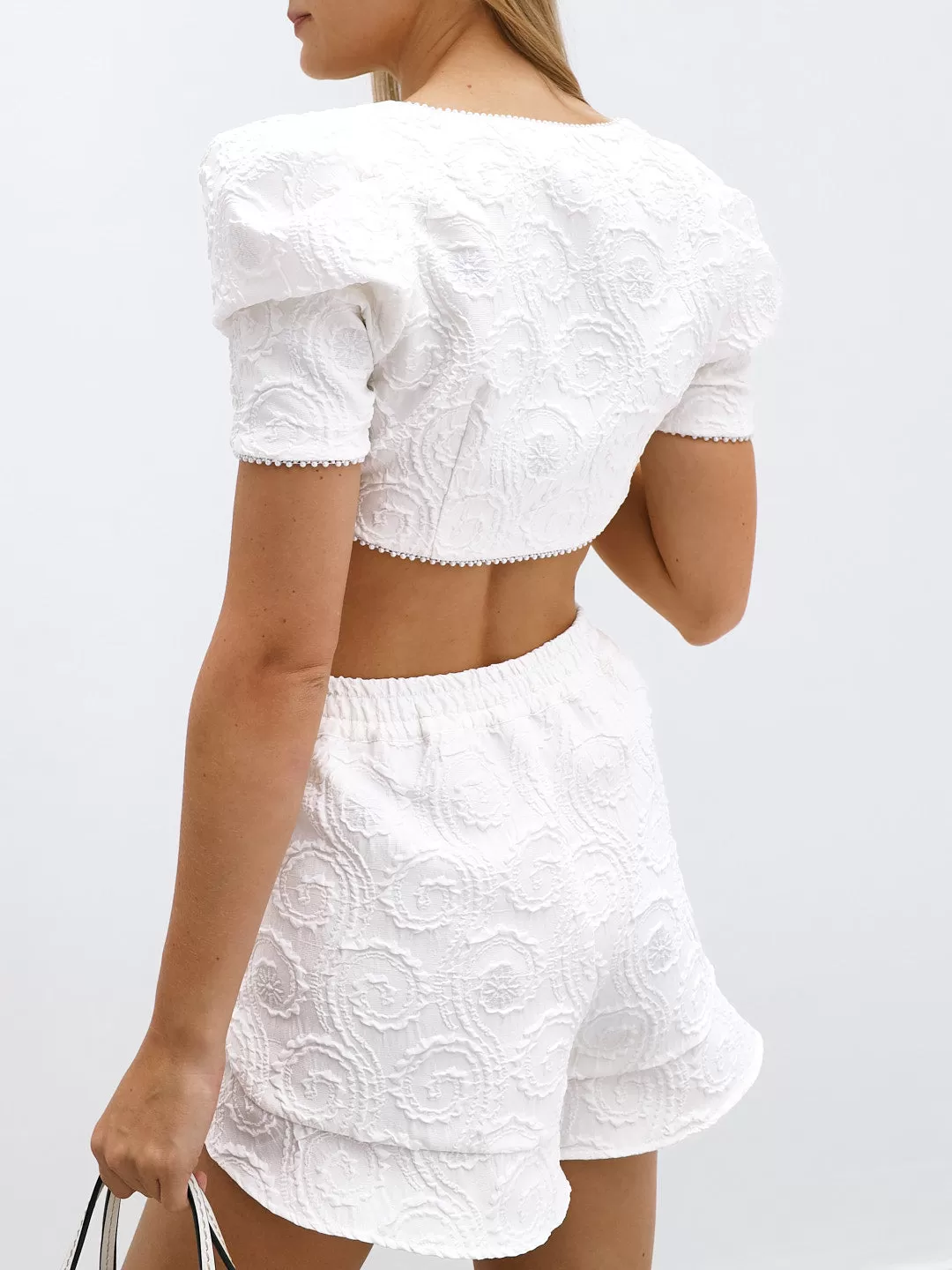 Brigitte Jacquard Sun Top With Puff Sleeves | Ivory Luxe