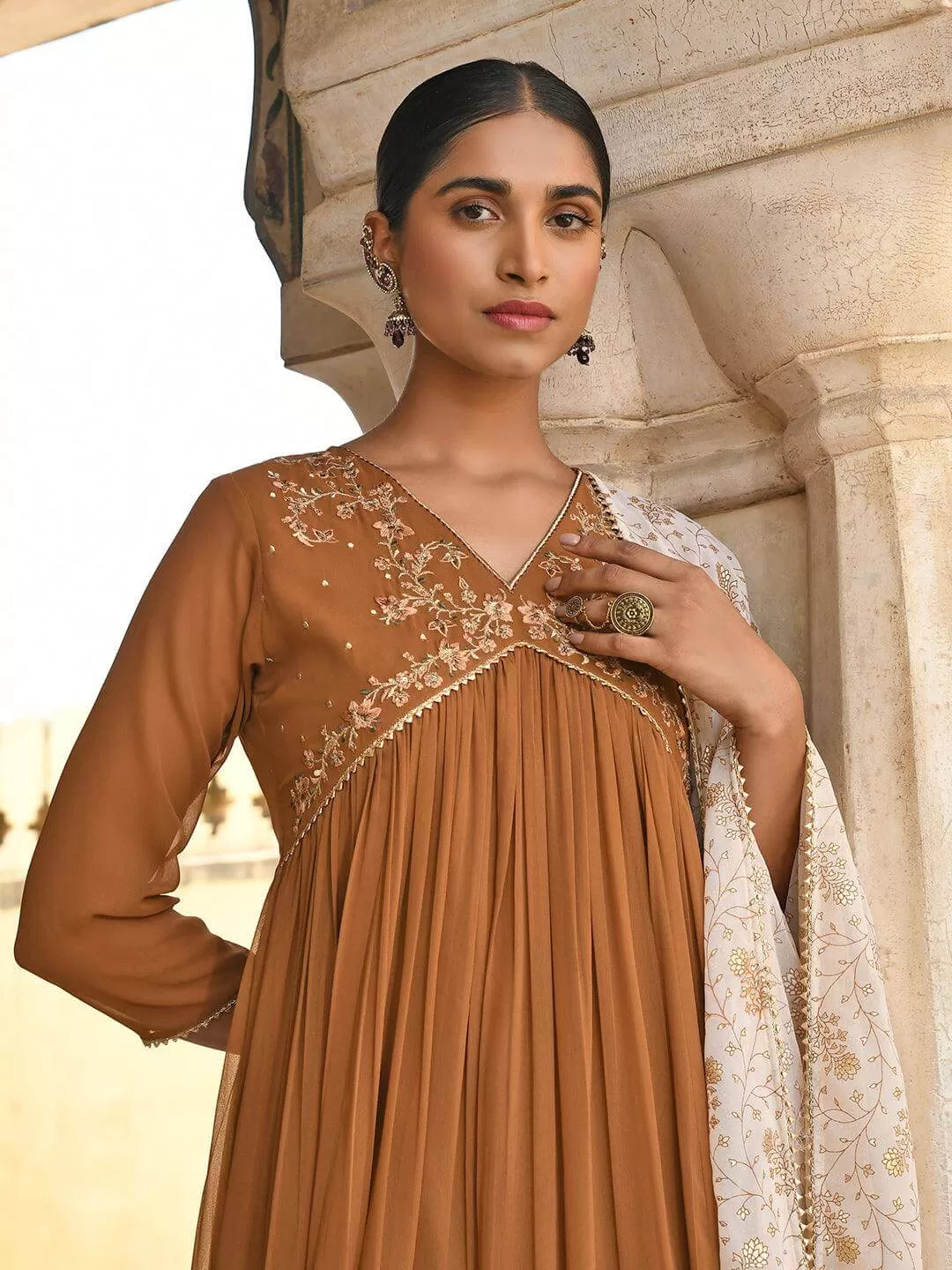 Brown Georgette Floral Embroidery Kurta Palazzo Set