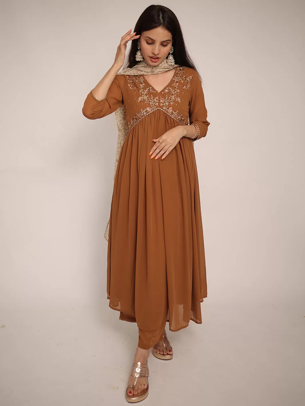 Brown Georgette Floral Embroidery Kurta Palazzo Set