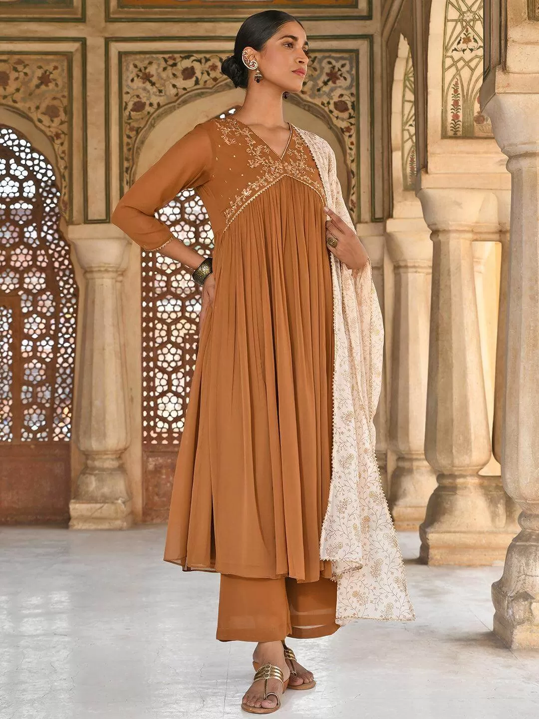 Brown Georgette Floral Embroidery Kurta Palazzo Set