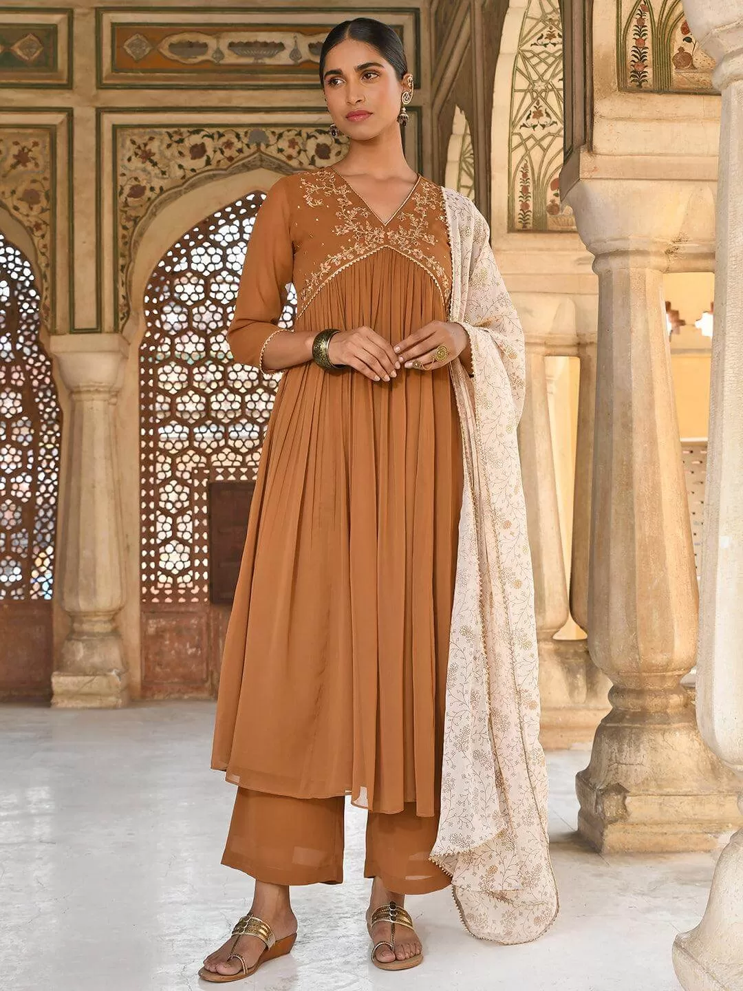 Brown Georgette Floral Embroidery Kurta Palazzo Set