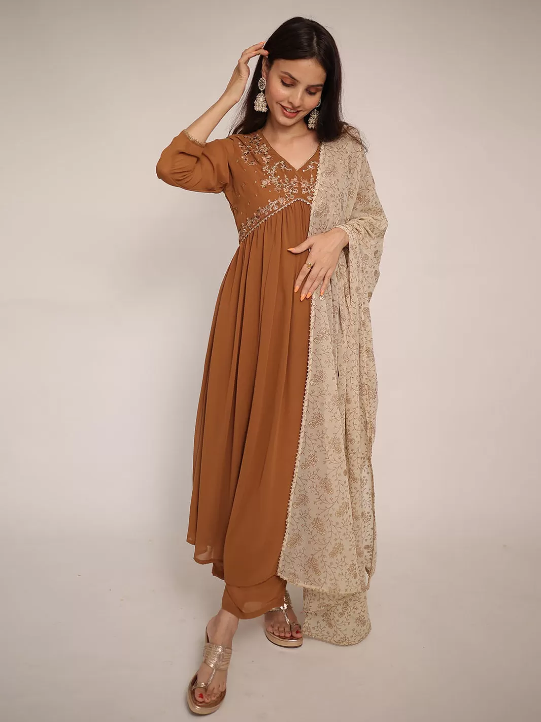 Brown Georgette Floral Embroidery Kurta Palazzo Set